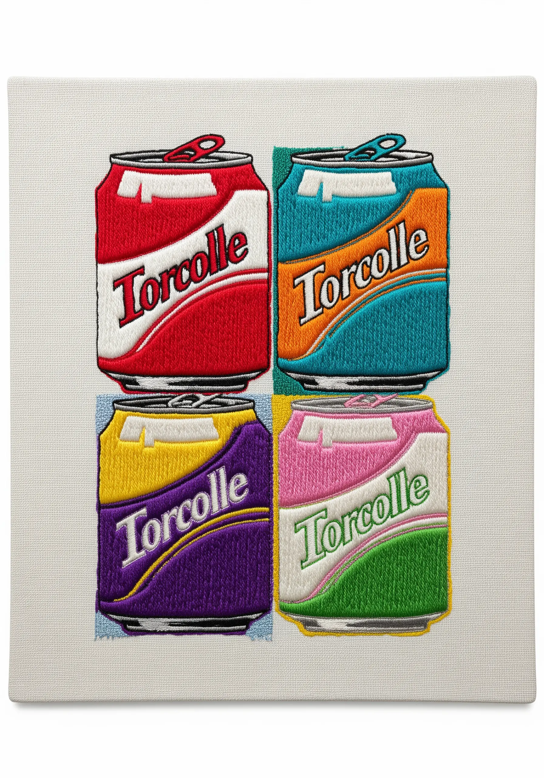 Pop-art embroidery of four soda cans with bold color blocking.