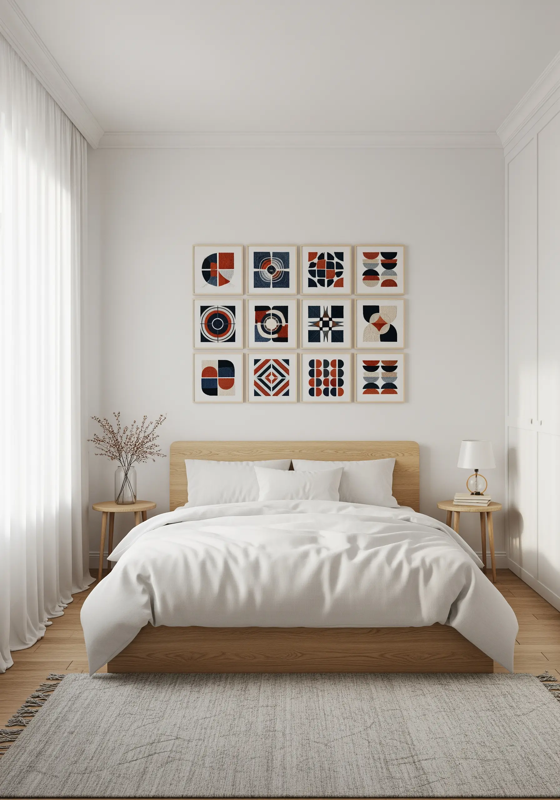 A gallery wall of twelve framed geometric embroidery pieces in red, blue, and cream