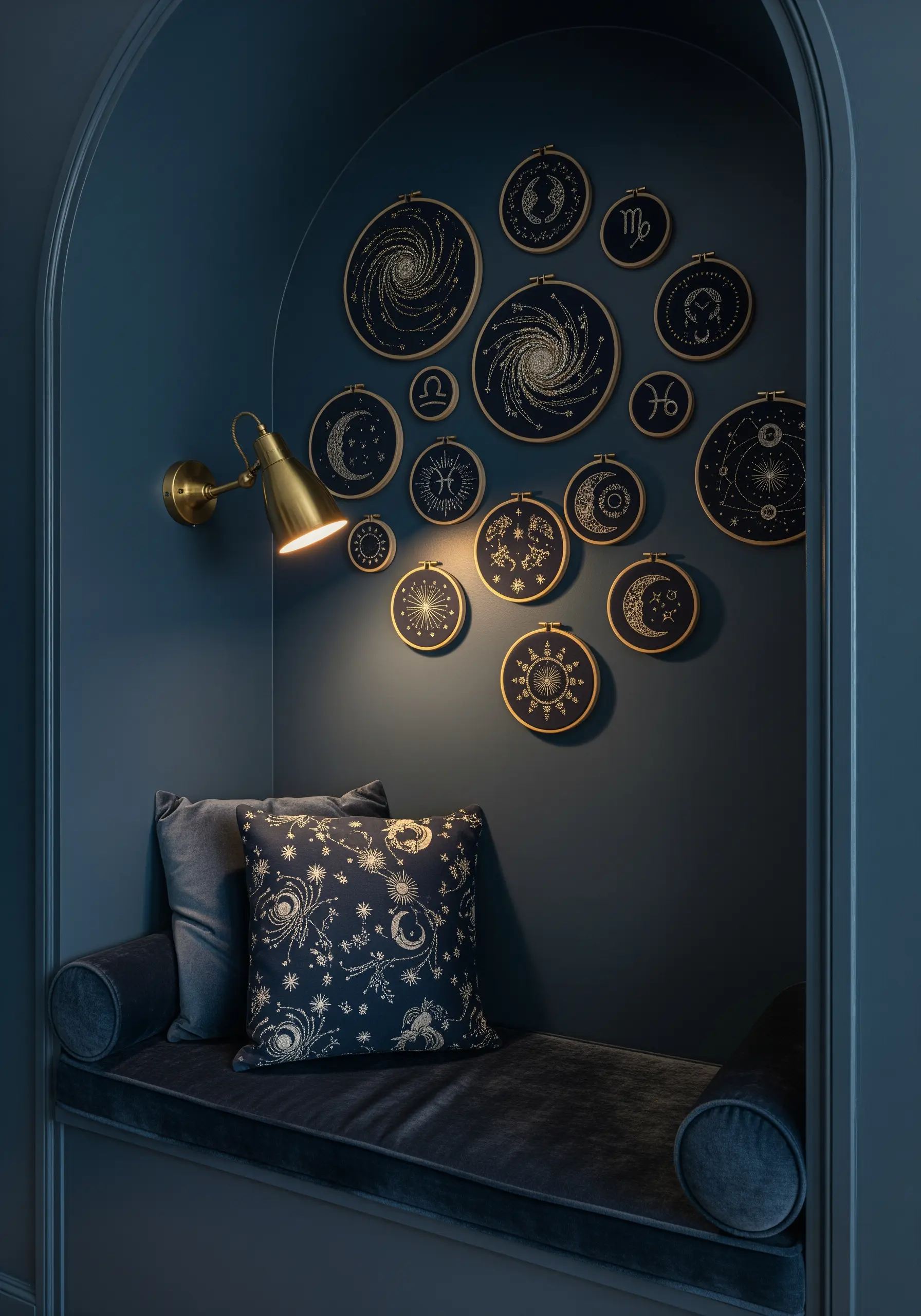 A celestial-themed embroidery collection with gold thread on dark fabric in a cozy reading nook.