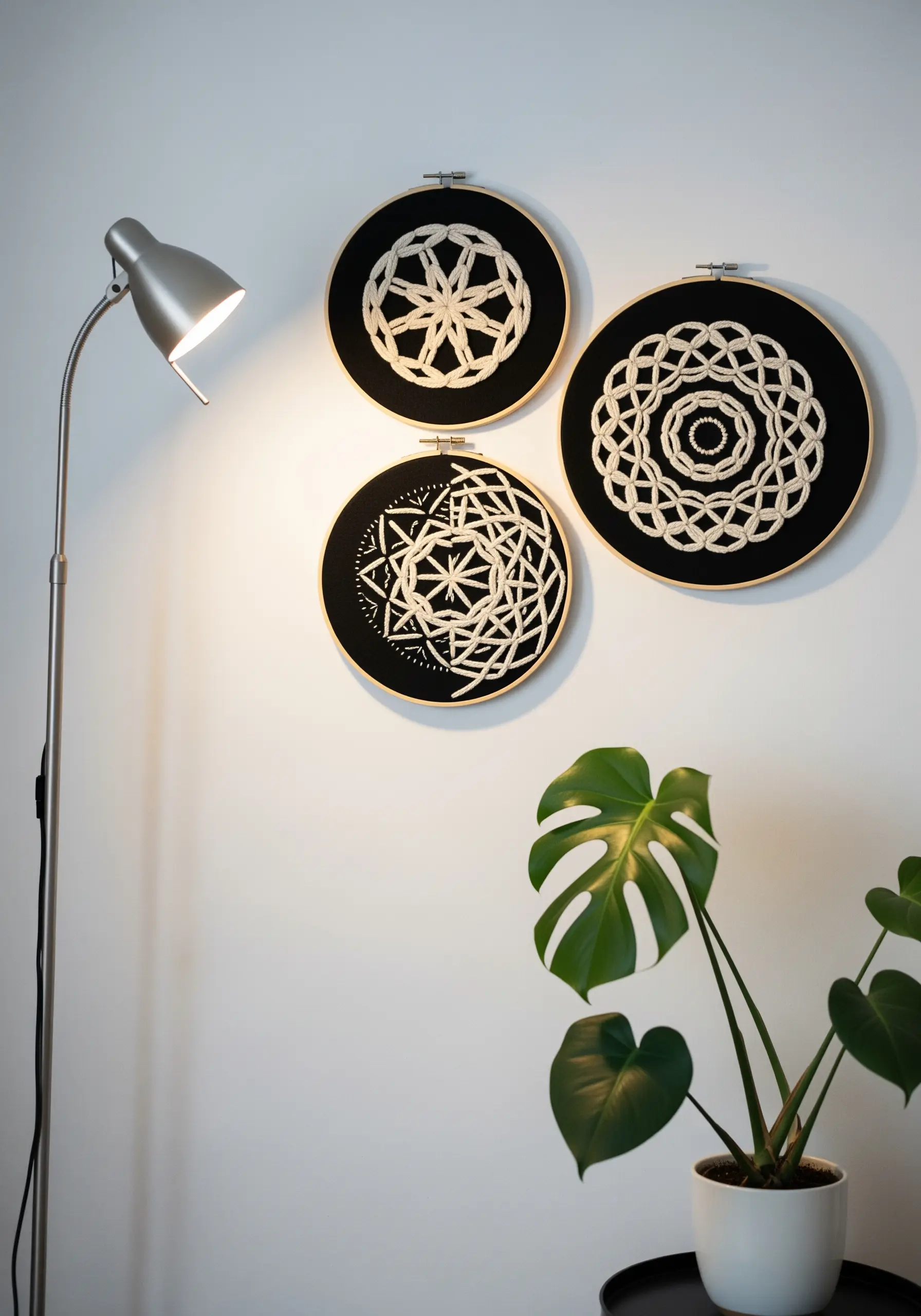 Three black hoops with thick ivory cord embroidery creating graphic mandala patterns.