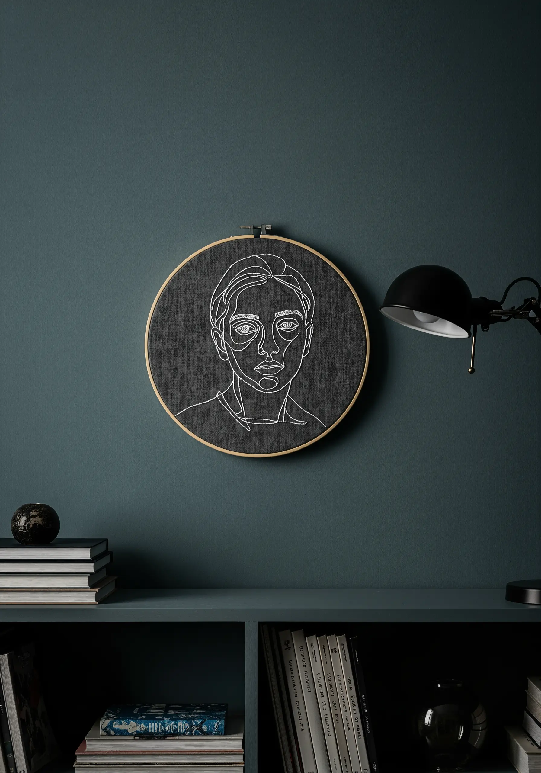 A white-thread line art portrait embroidered on dark charcoal fabric in a hoop.