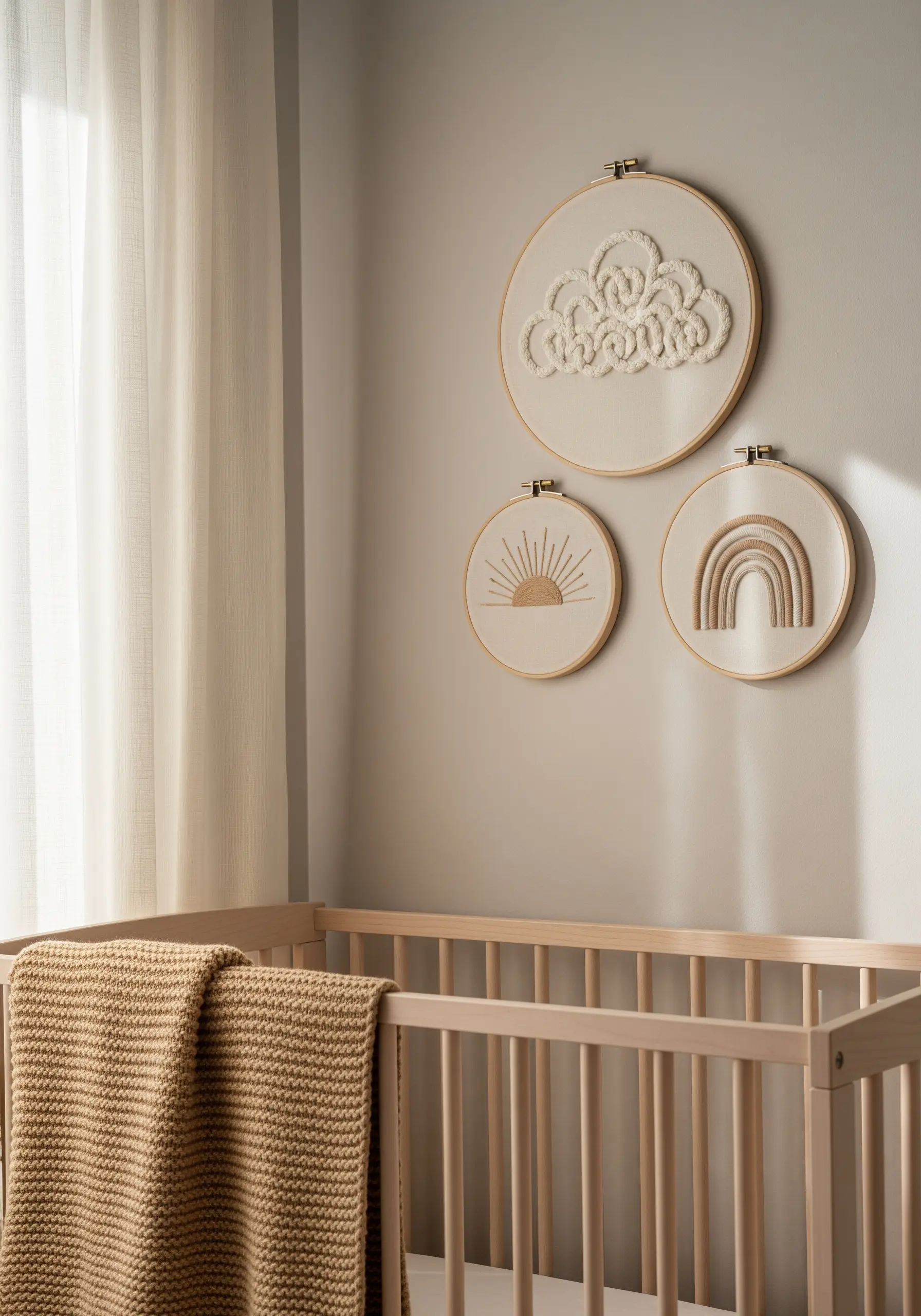 Three embroidery hoops with a couched cloud, straight-stitch sun, and satin-stitch rainbow