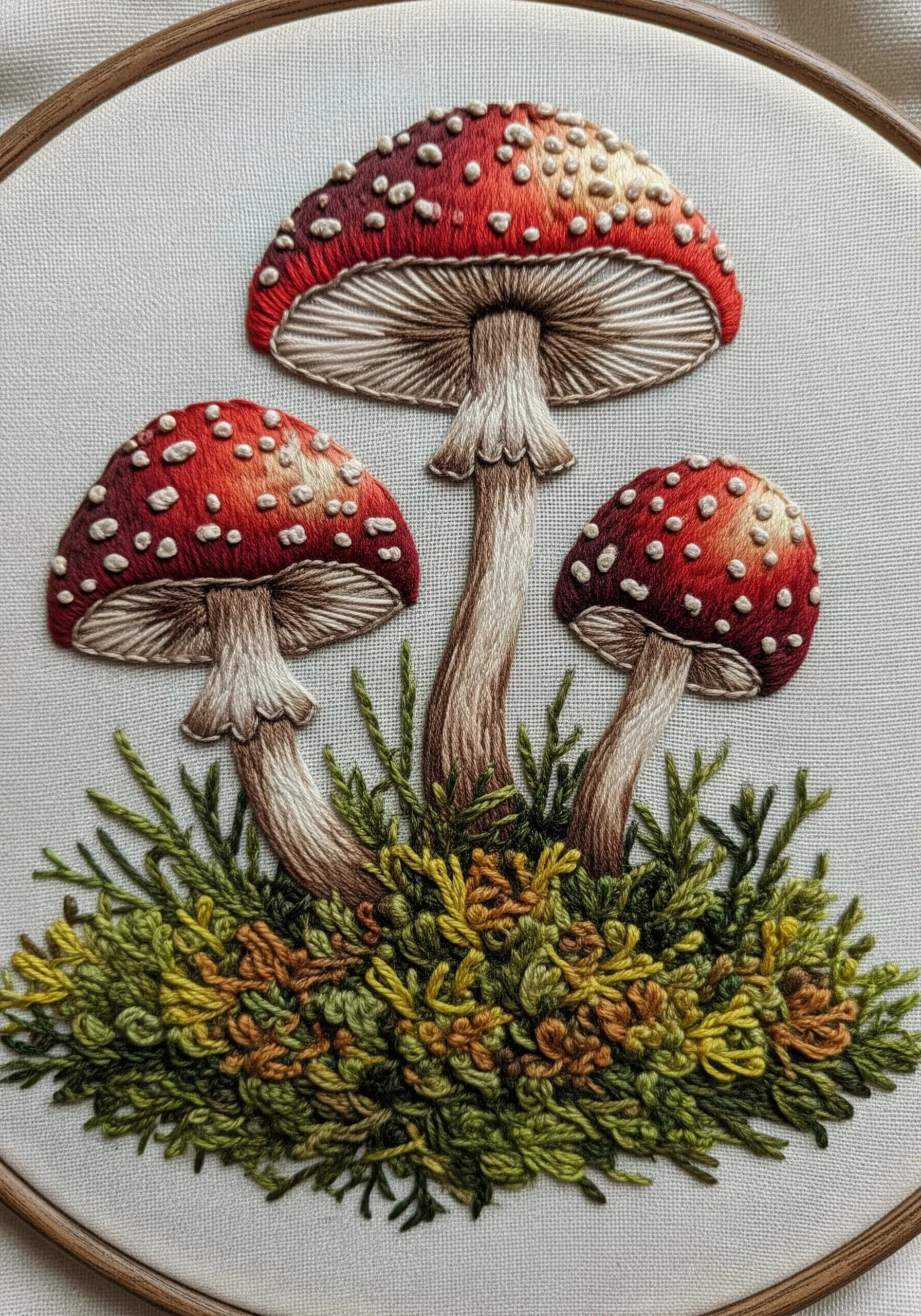 Detailed thread-painted mushrooms with textured moss made from French knots and straight stitches.