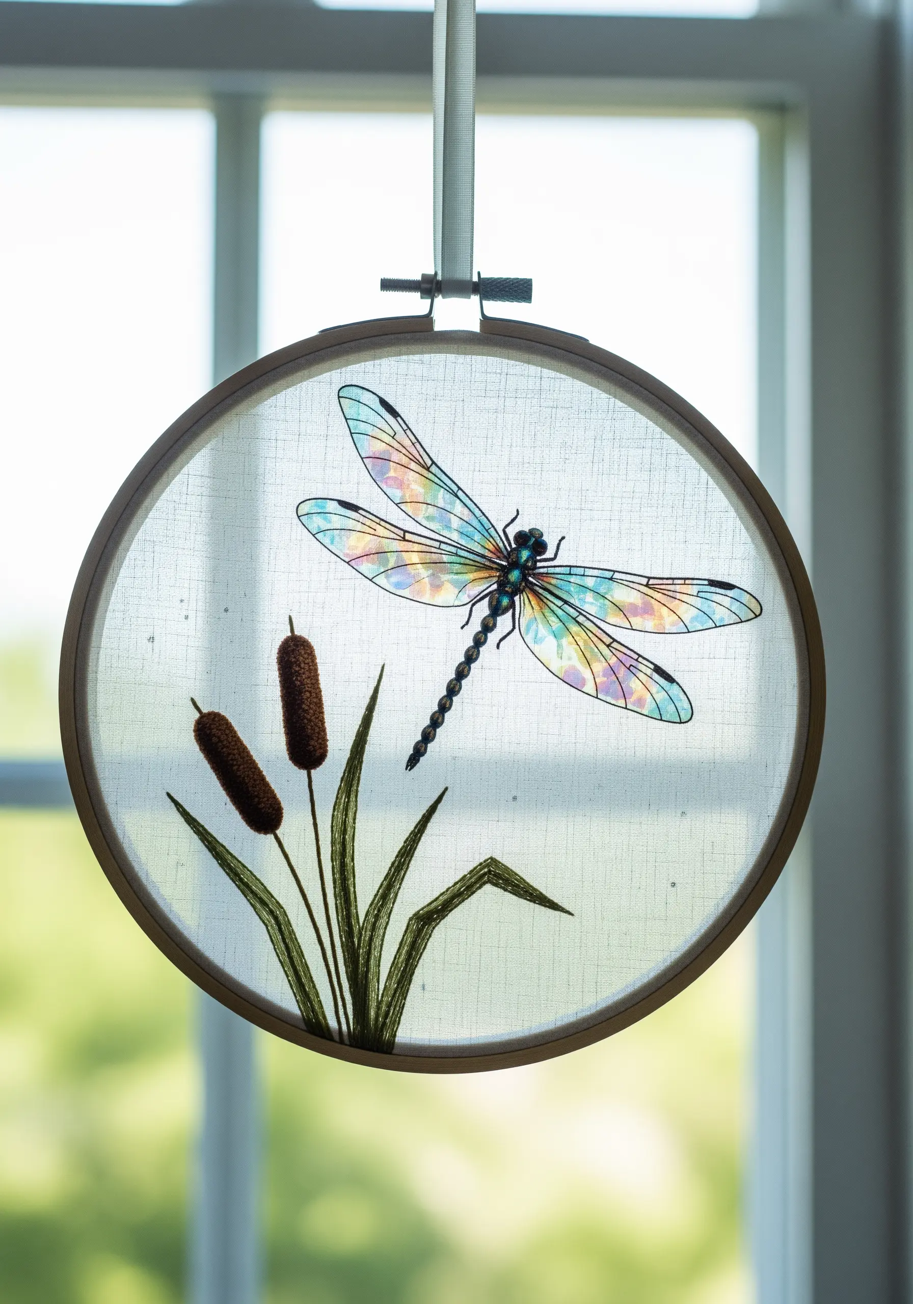 Embroidery of a dragonfly with sheer, iridescent wings on transparent fabric in a hoop.