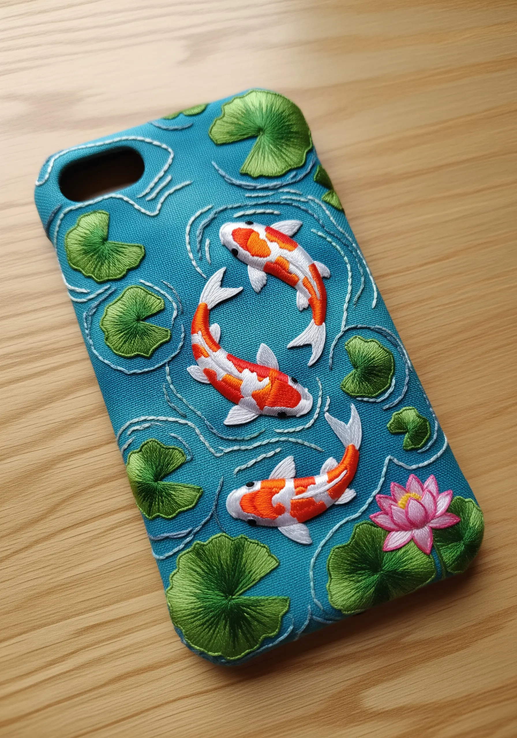 A phone case fully embroidered with a koi pond scene, including fish and lily pads.