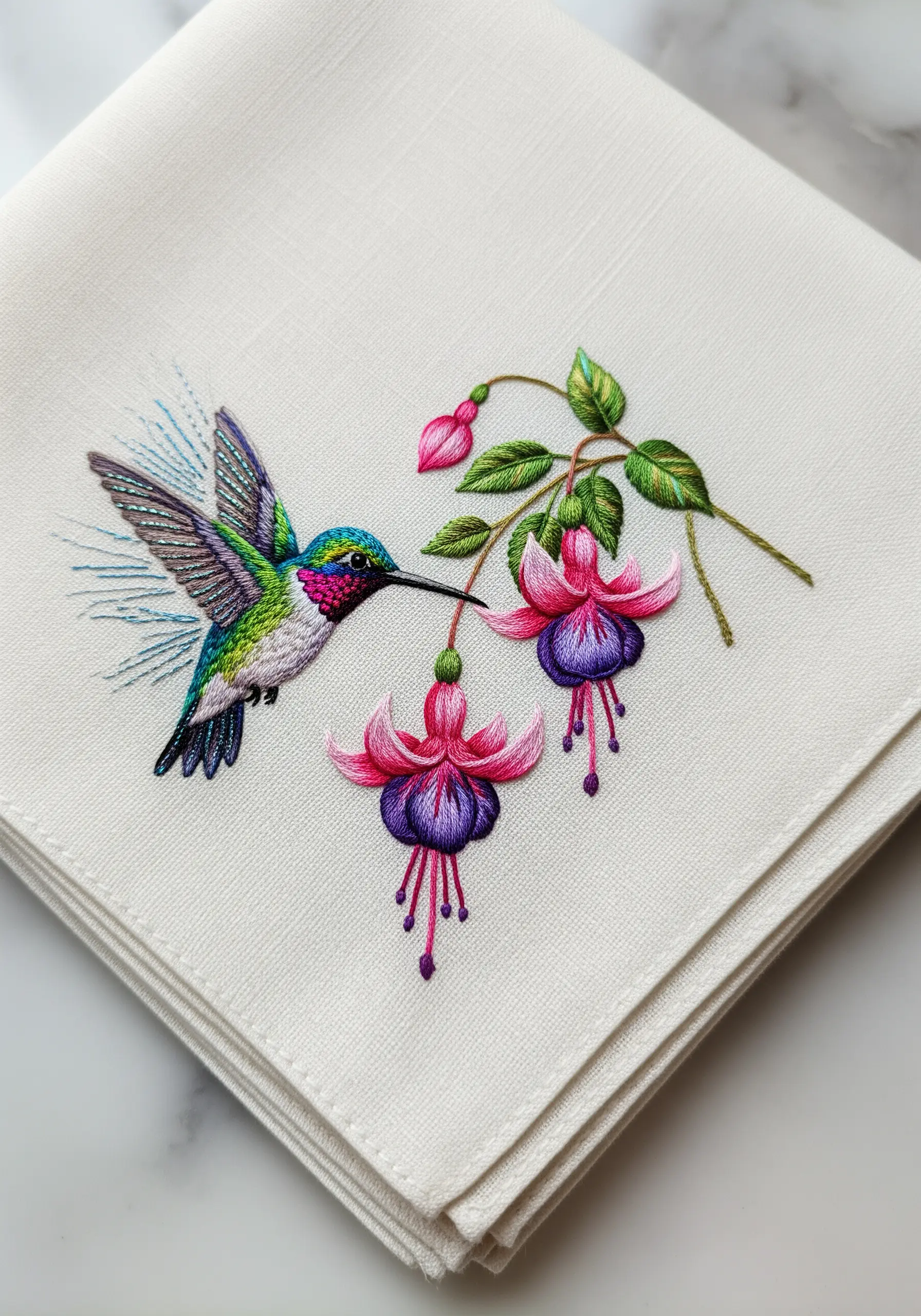 A hyper-realistic embroidered hummingbird drinking from a fuchsia flower on a napkin