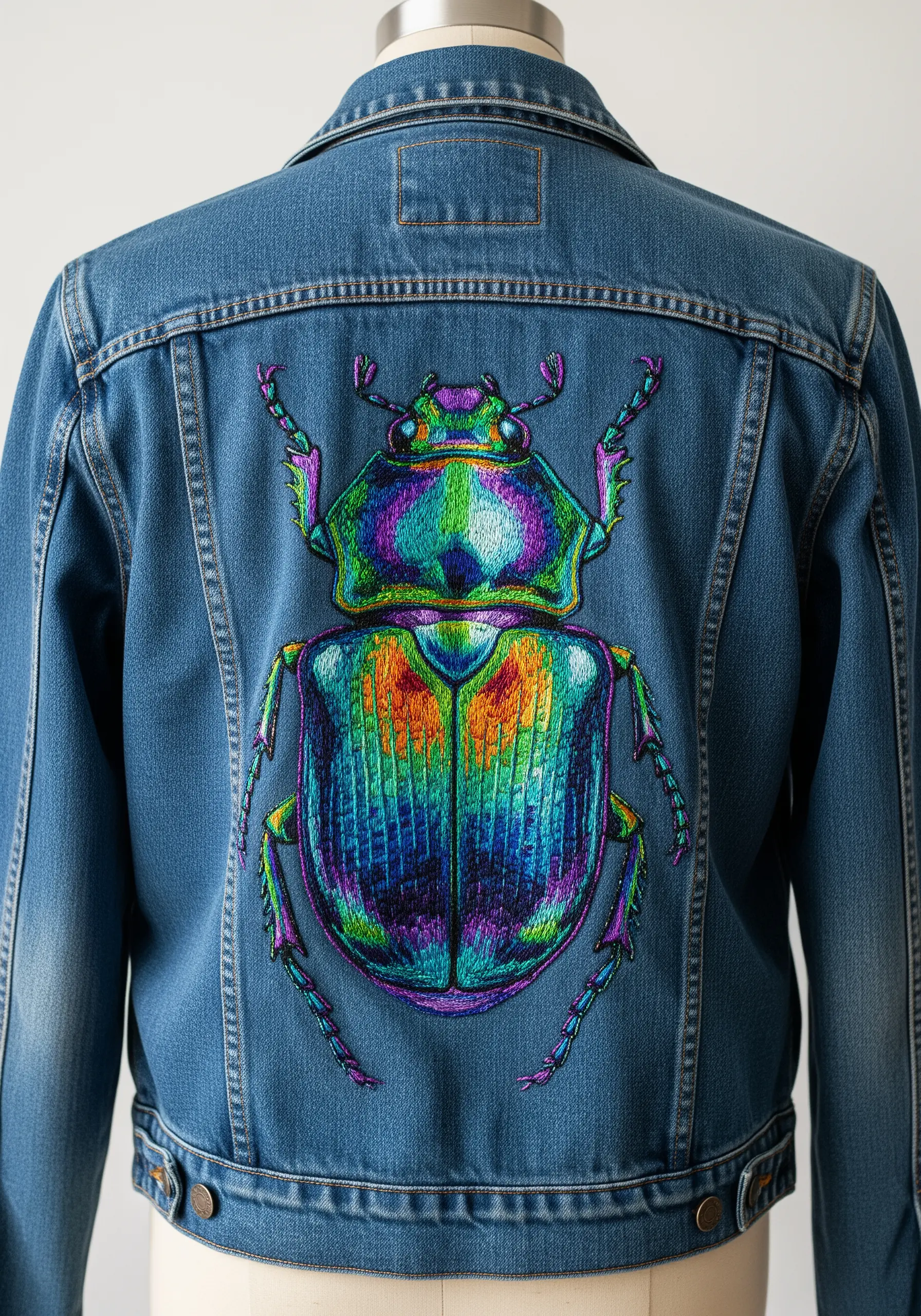 An iridescent beetle embroidered on the back of a denim jacket using thread painting techniques.