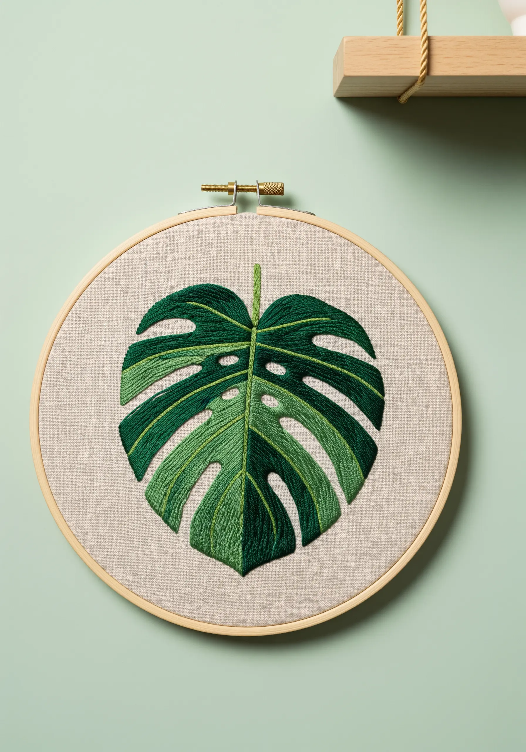 Embroidered Monstera leaf with two shades of green satin stitch on neutral fabric.