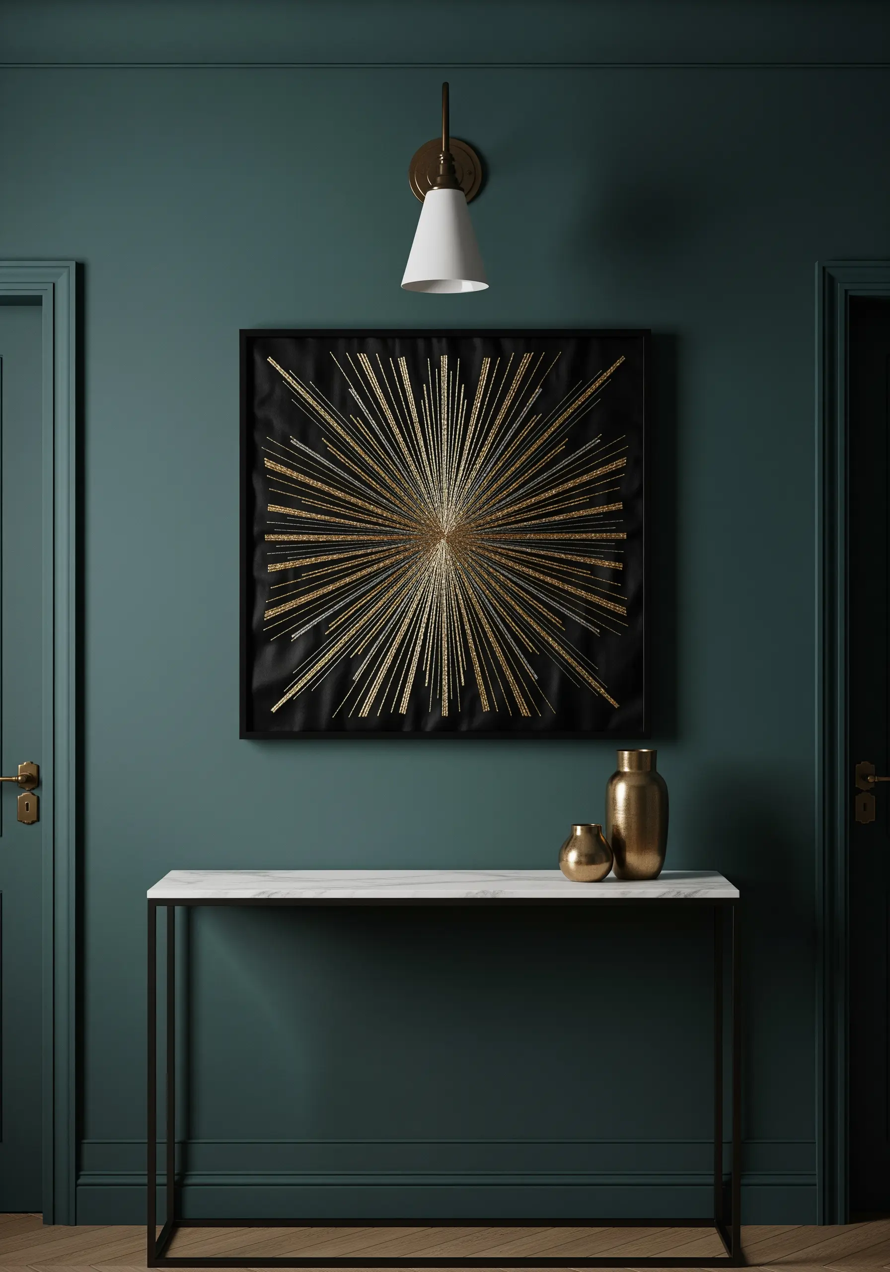 A gold metallic thread starburst embroidered on black fabric.