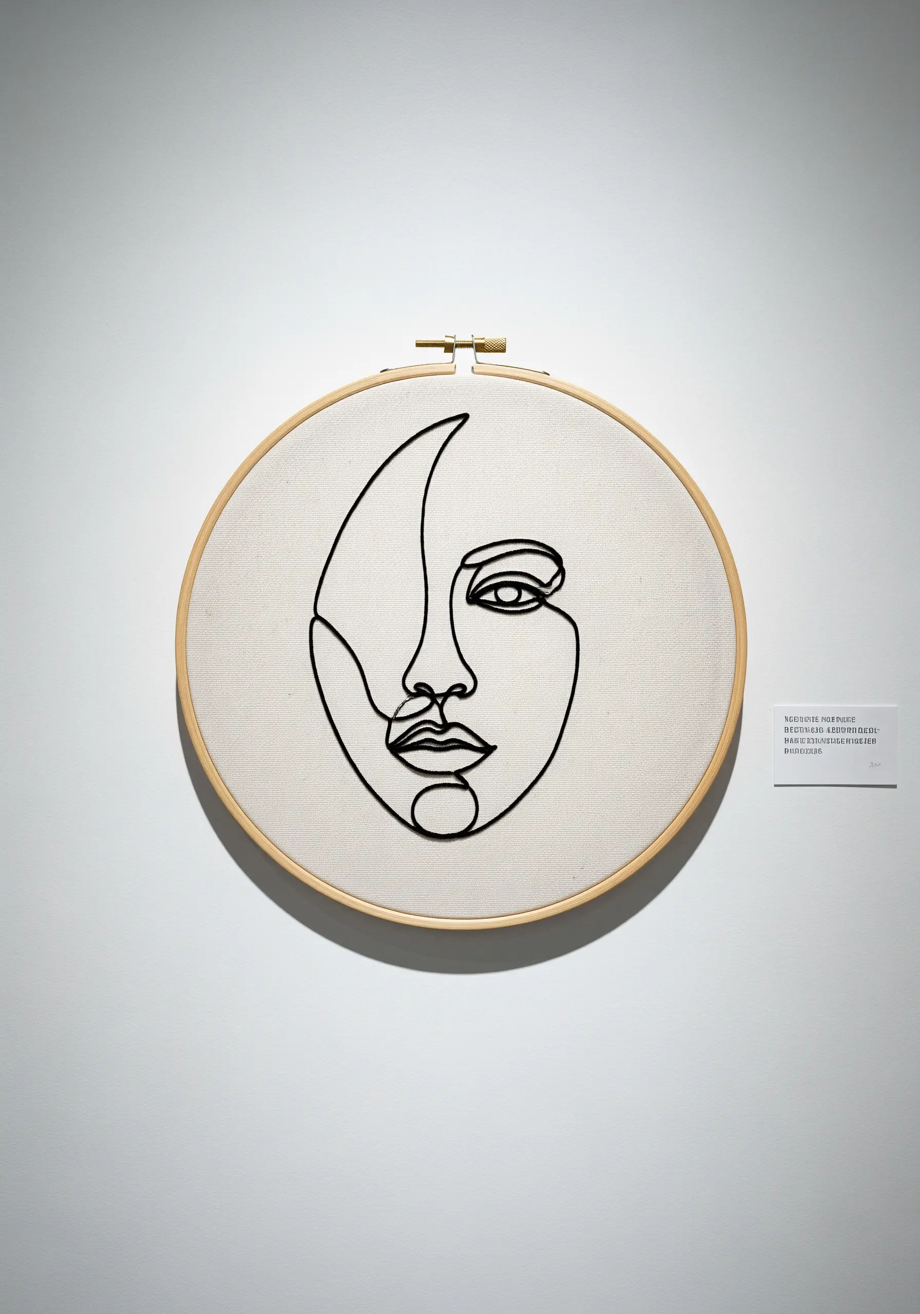 Abstract single-line face profile embroidered in black thread on neutral fabric.
