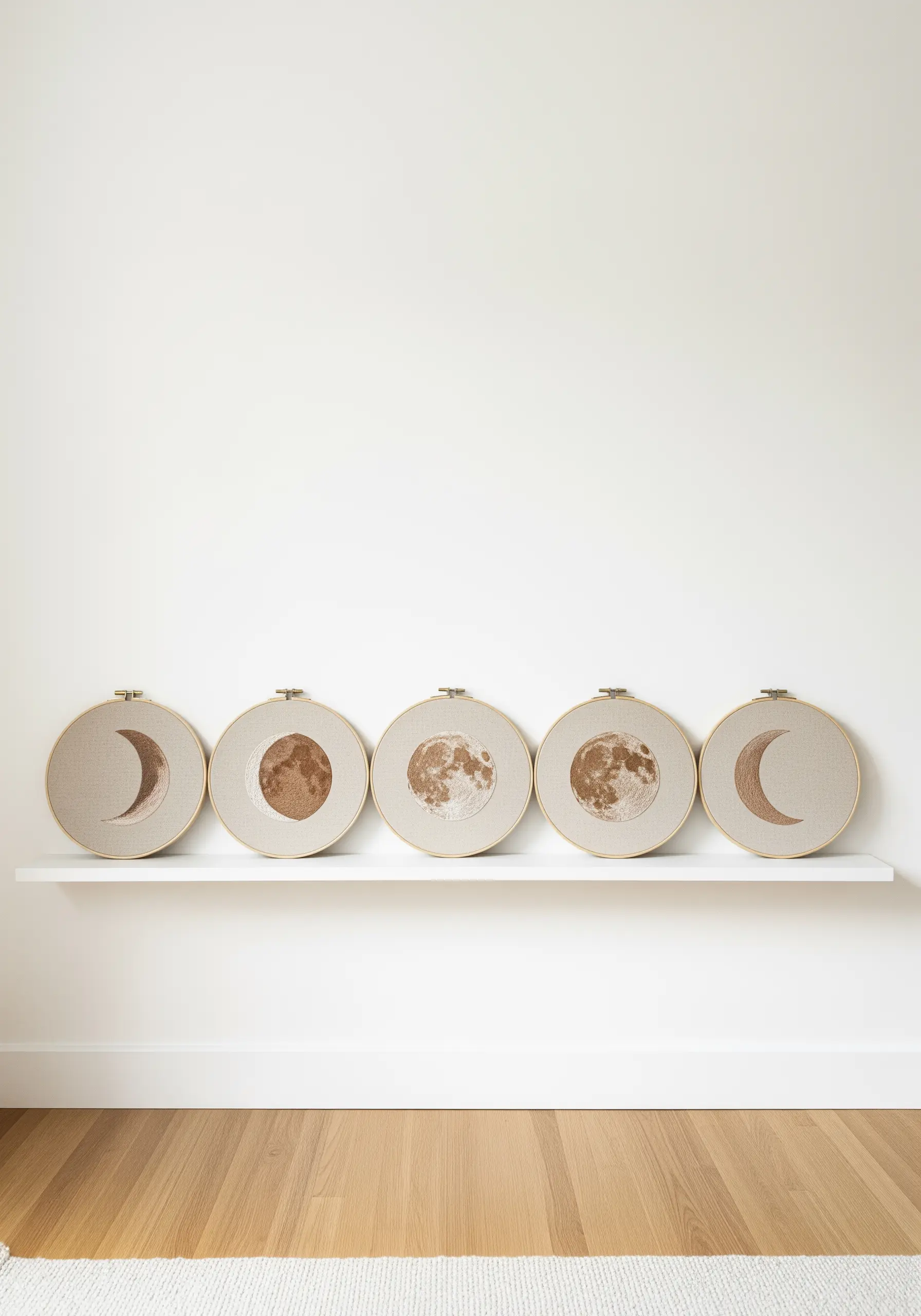 A series of five embroidery hoops showing the phases of the moon in textural French knots