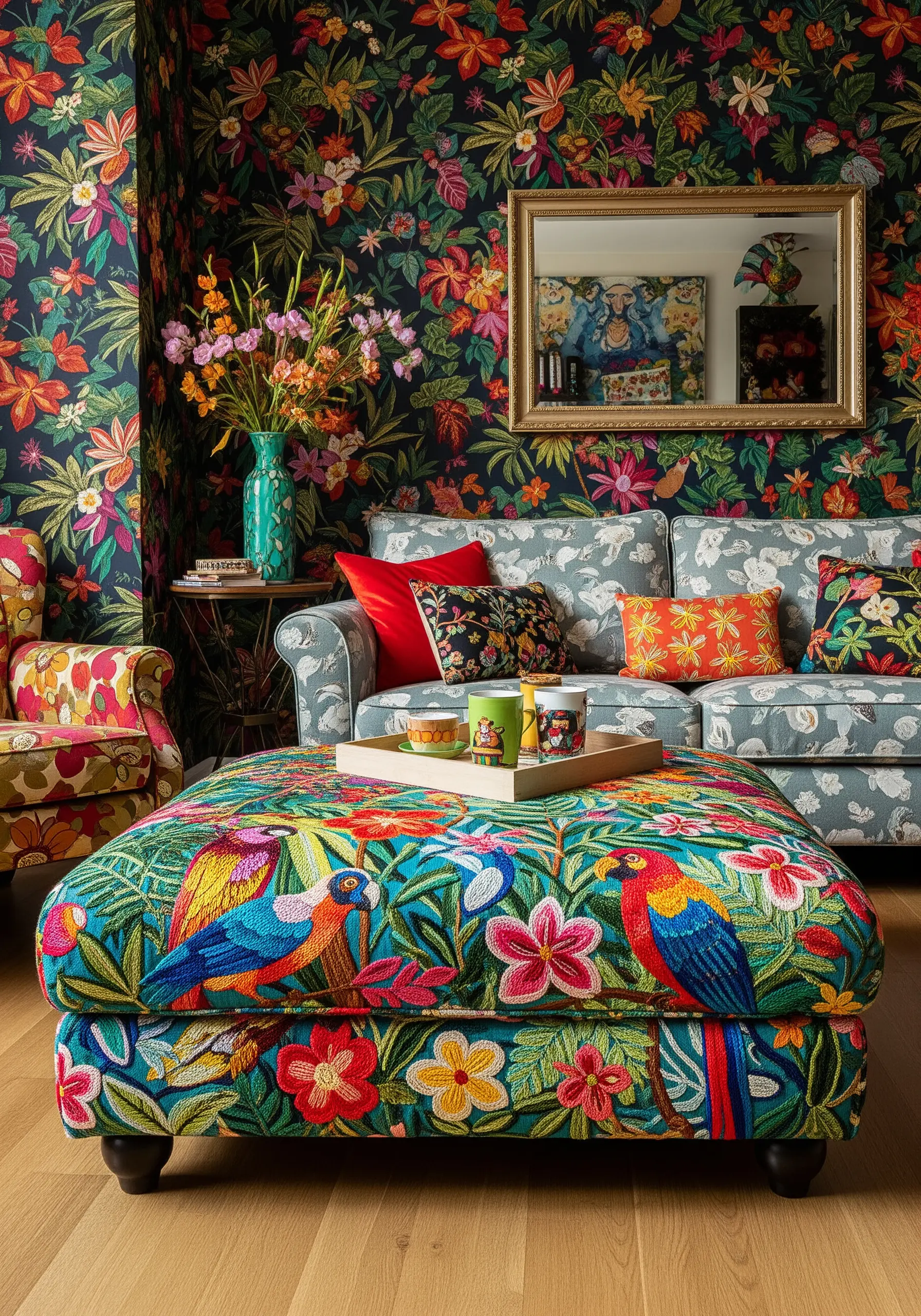 A living room with a large ottoman completely covered in dense, colorful embroidery of parrots and flowers.