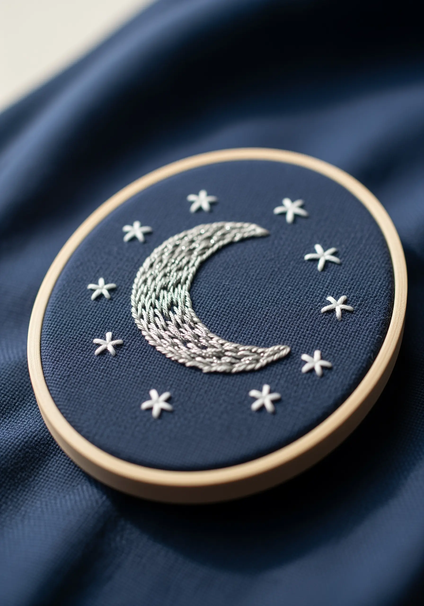 Mini embroidery of a silver metallic moon and stars on dark blue fabric.
