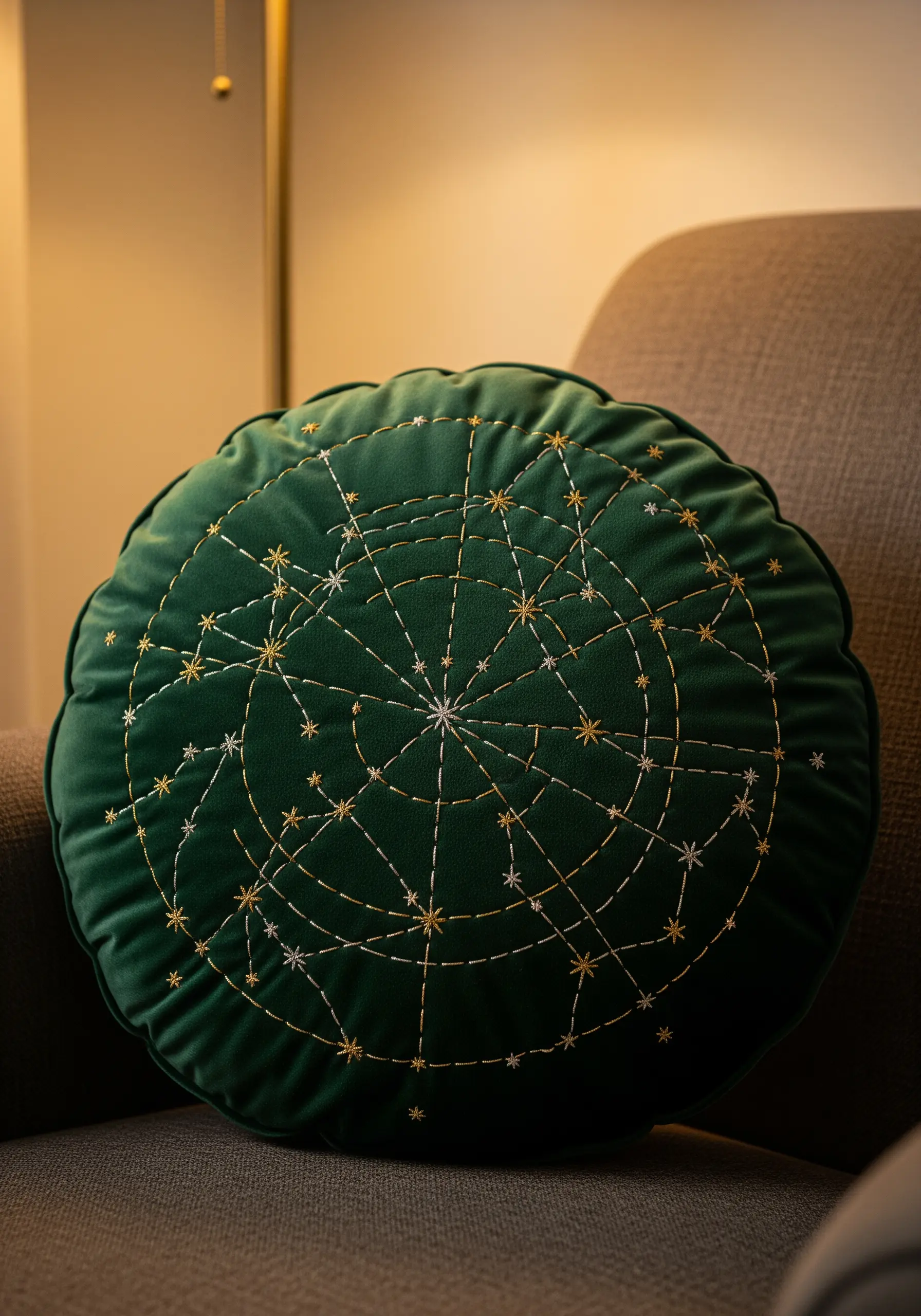 Gold and silver star constellation embroidered on a round, dark green velvet pillow.