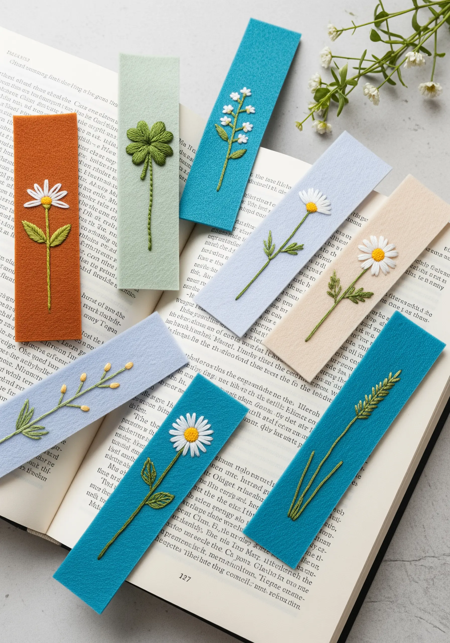 A collection of colorful felt bookmarks, each embroidered with a different minimal botanical design.