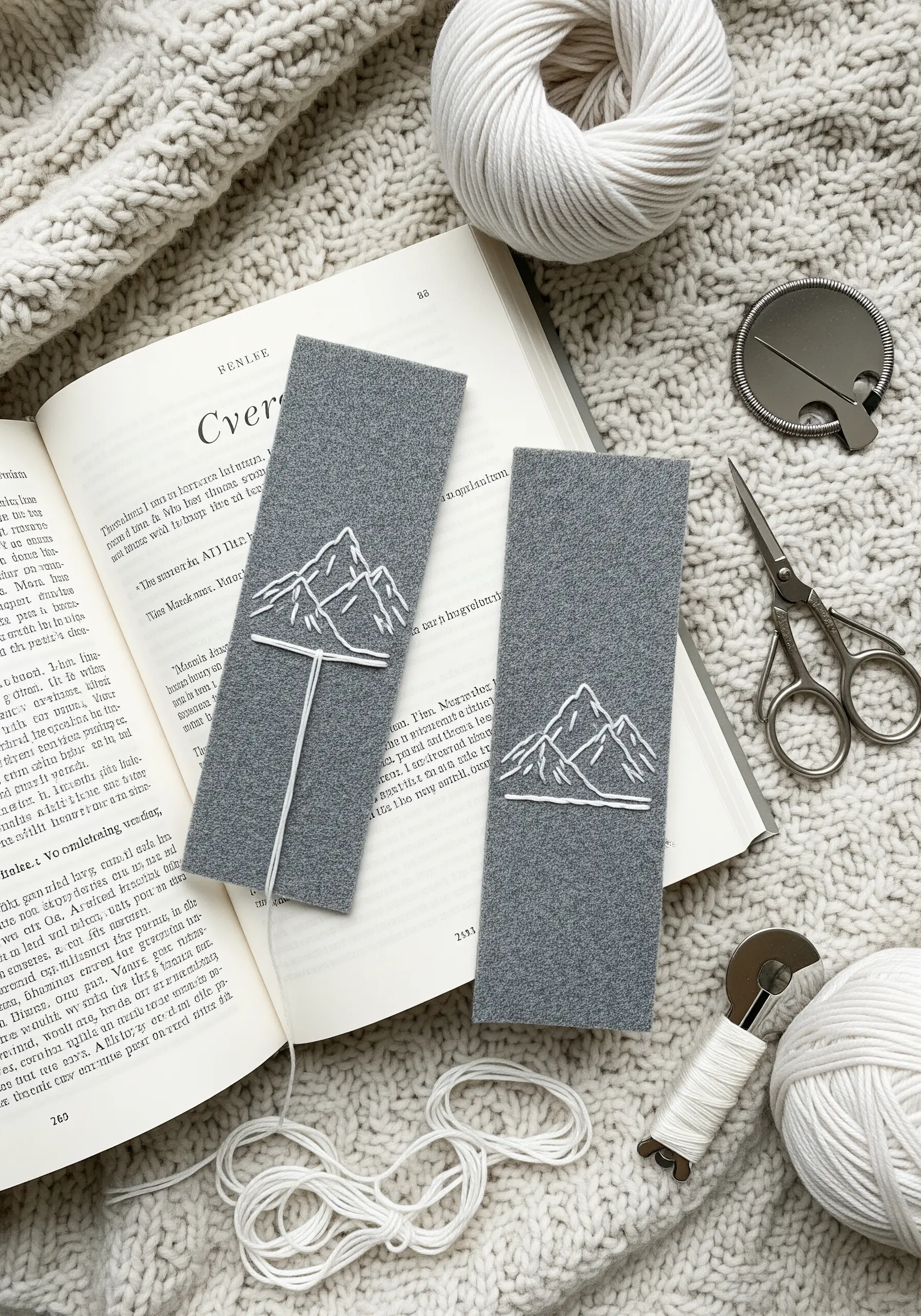 Minimalist mountain line art embroidered in white thread on grey felt bookmarks