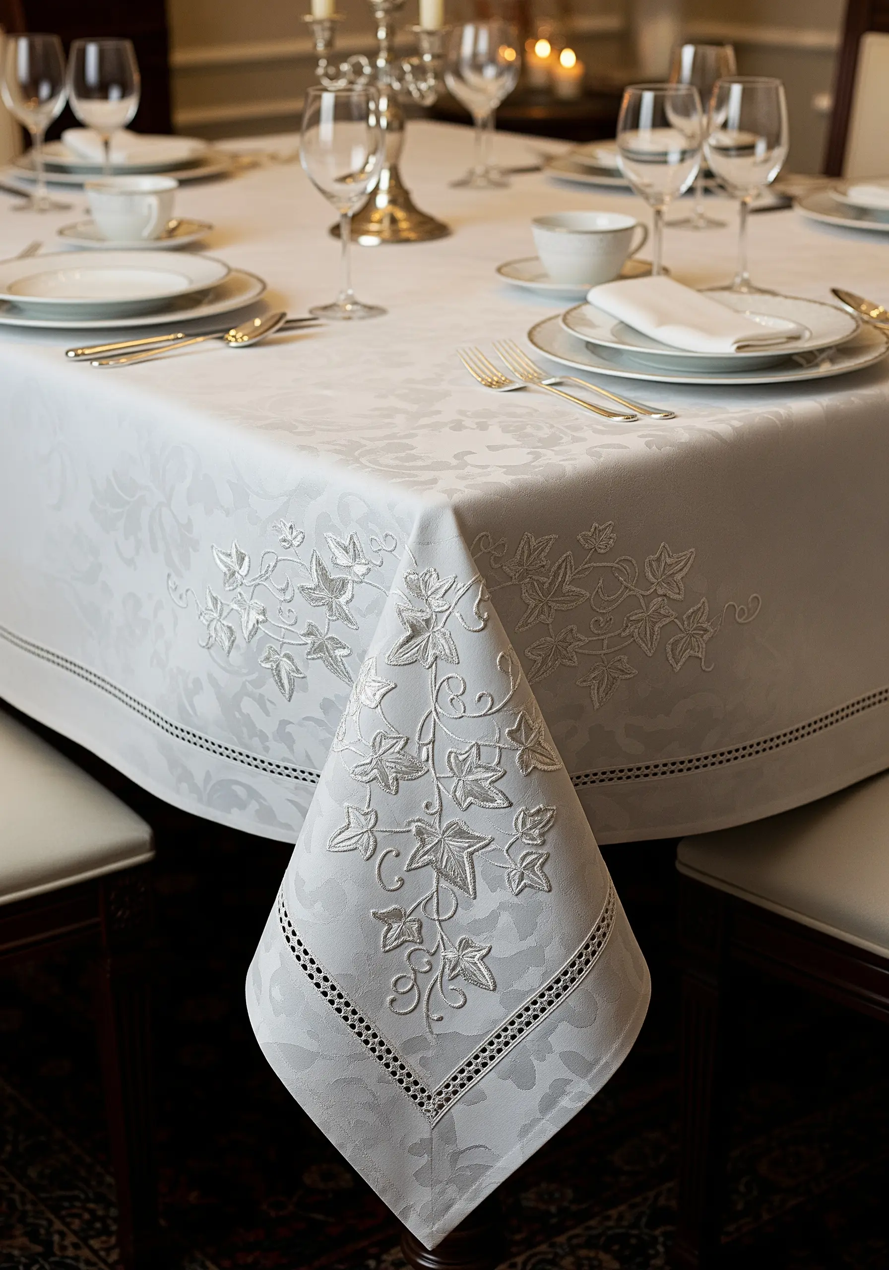 Tone-on-tone white ivy embroidery on the corner of a formal white tablecloth.