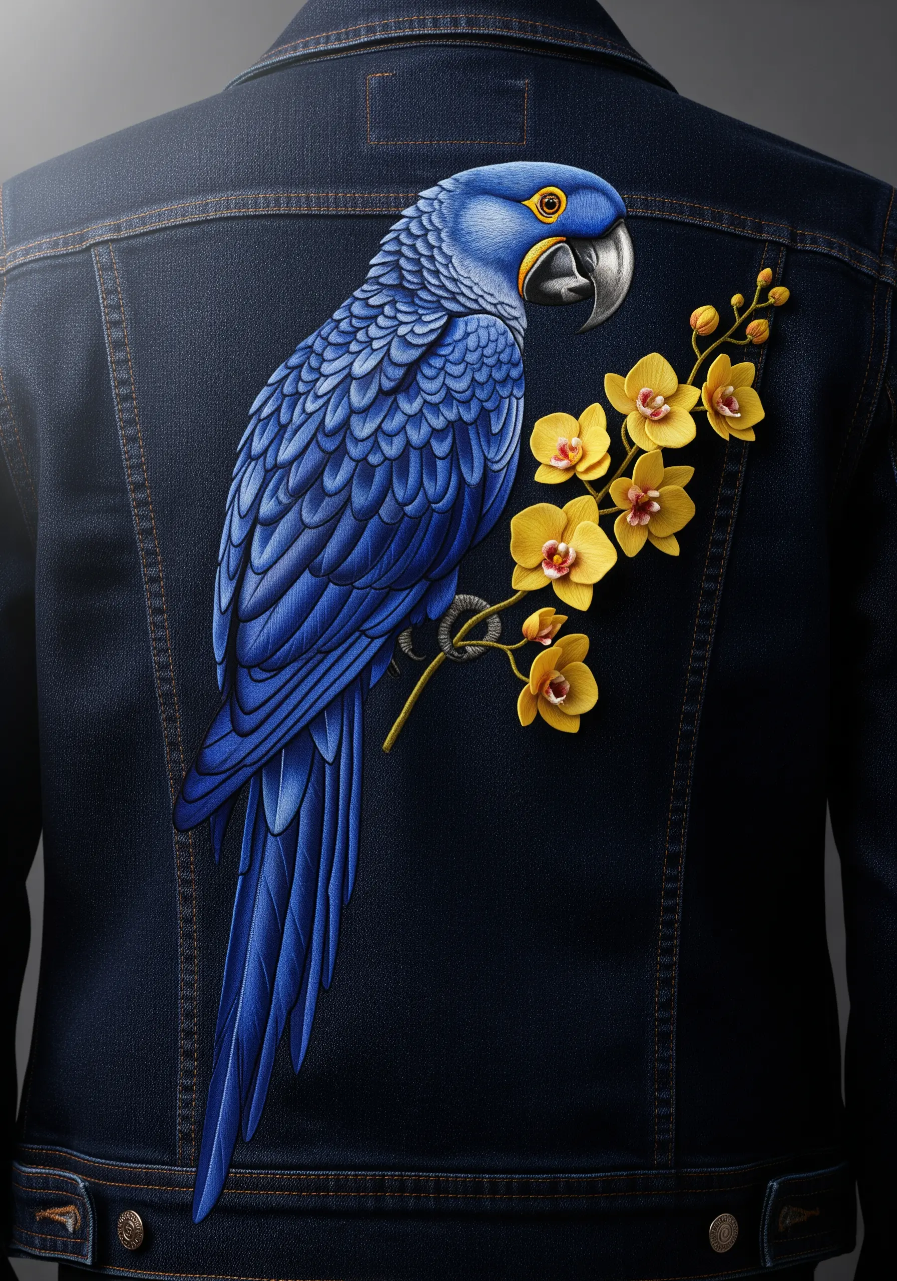 Hyacinth macaw embroidered in shades of blue on a dark denim jacket, holding yellow orchids.