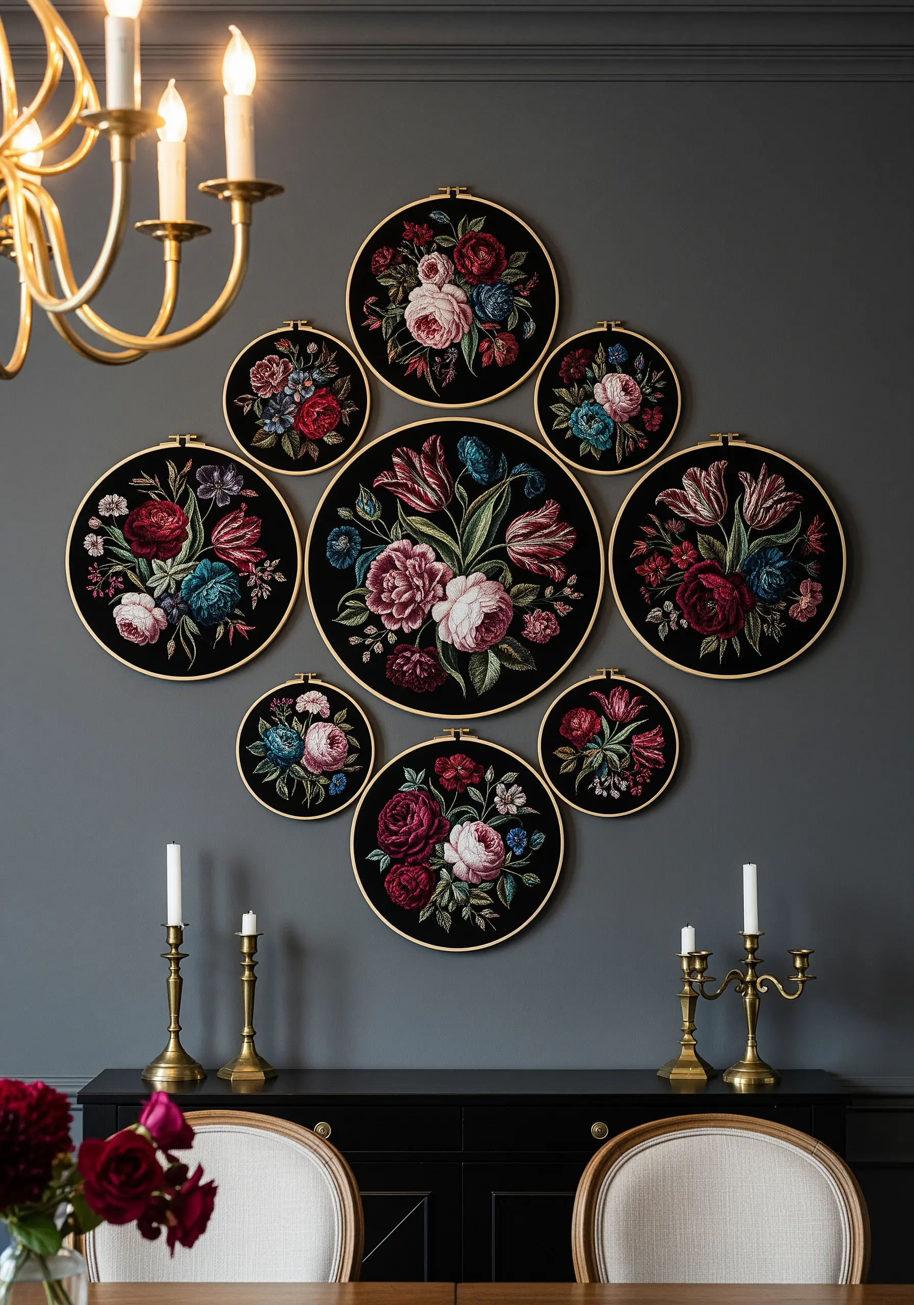 An arrangement of embroidery hoops with lush, dark floral bouquets on black fabric.