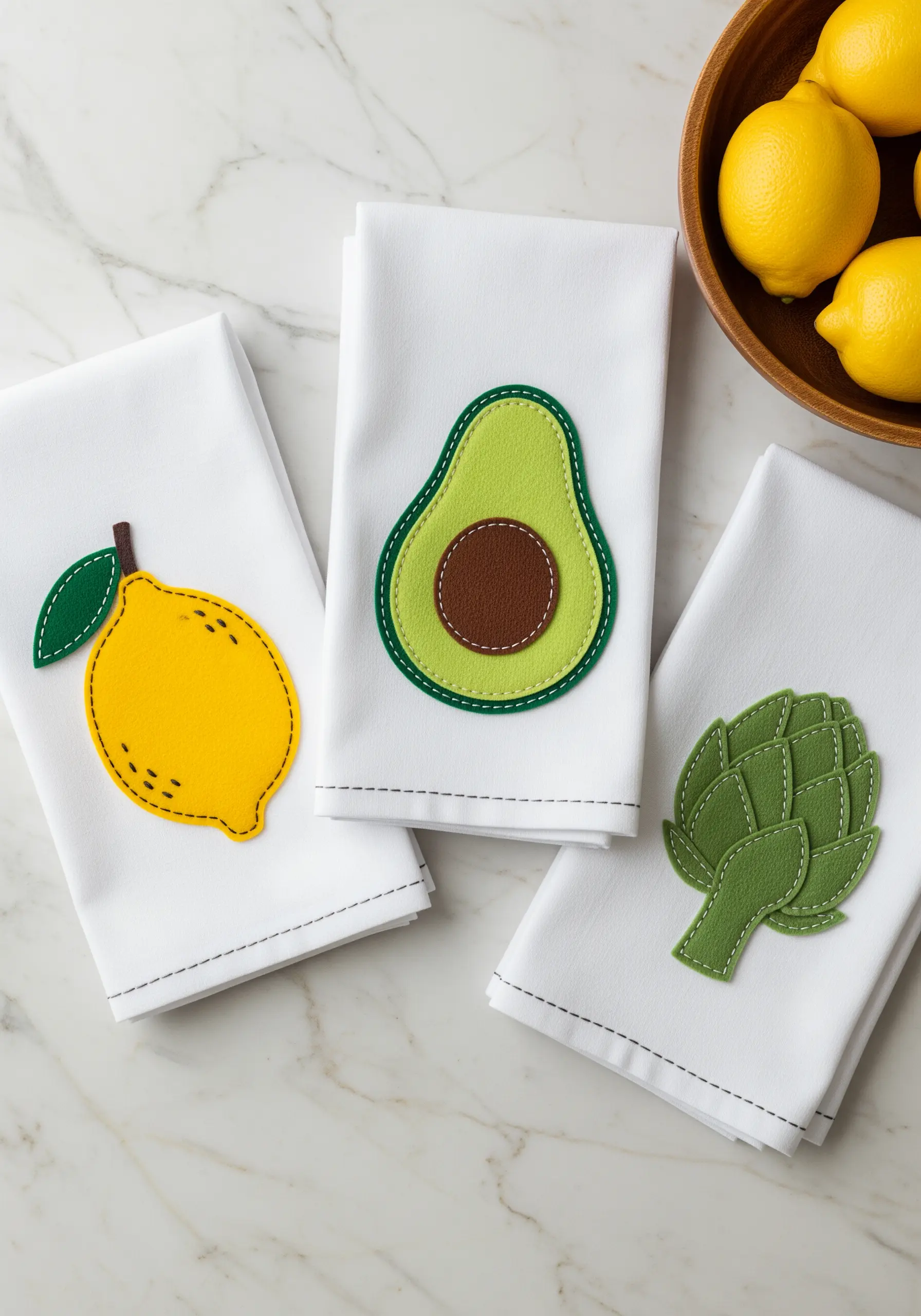 Tea towels with clean-edged fabric appliqué of a lemon, avocado, and artichoke.