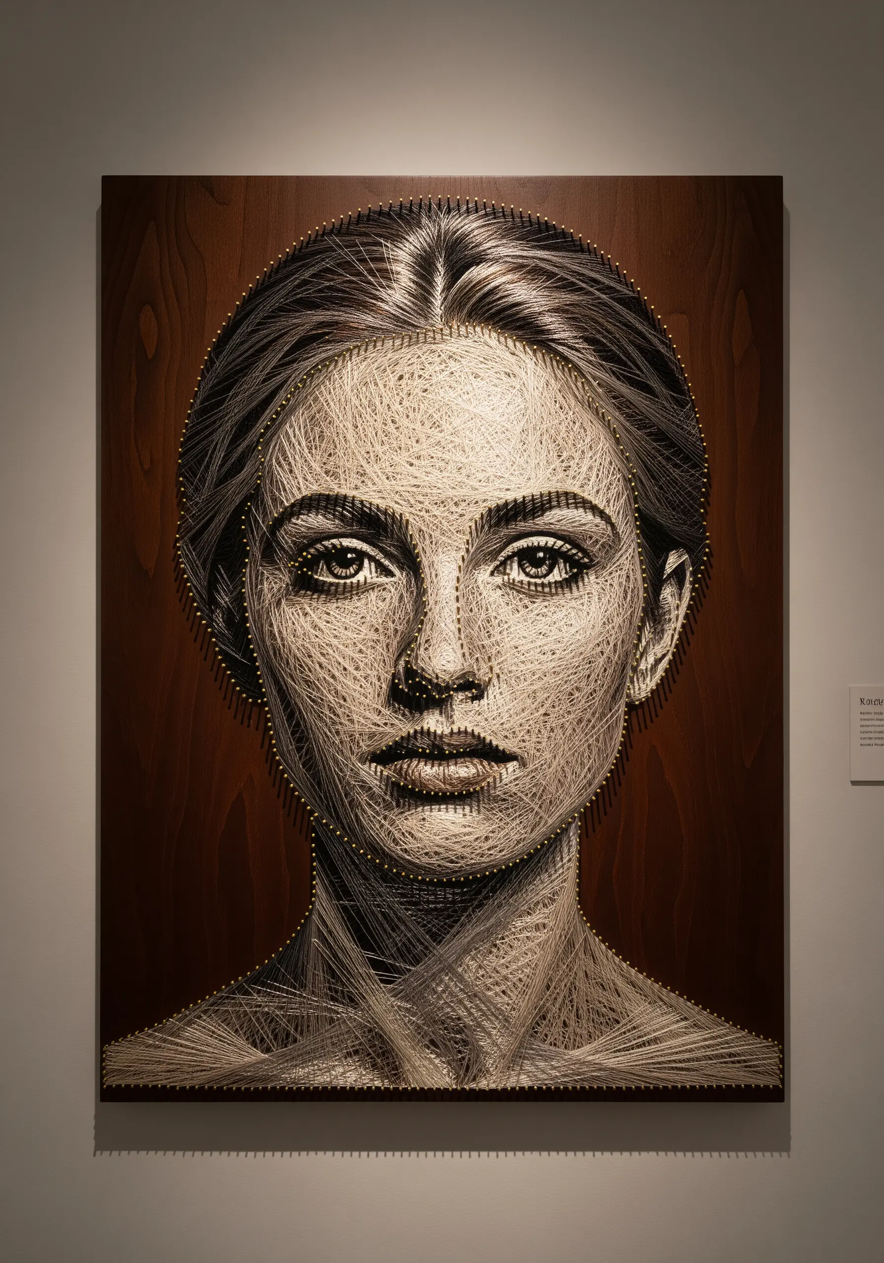 Photorealistic string art portrait of a woman created with dense layers of white thread on wood.