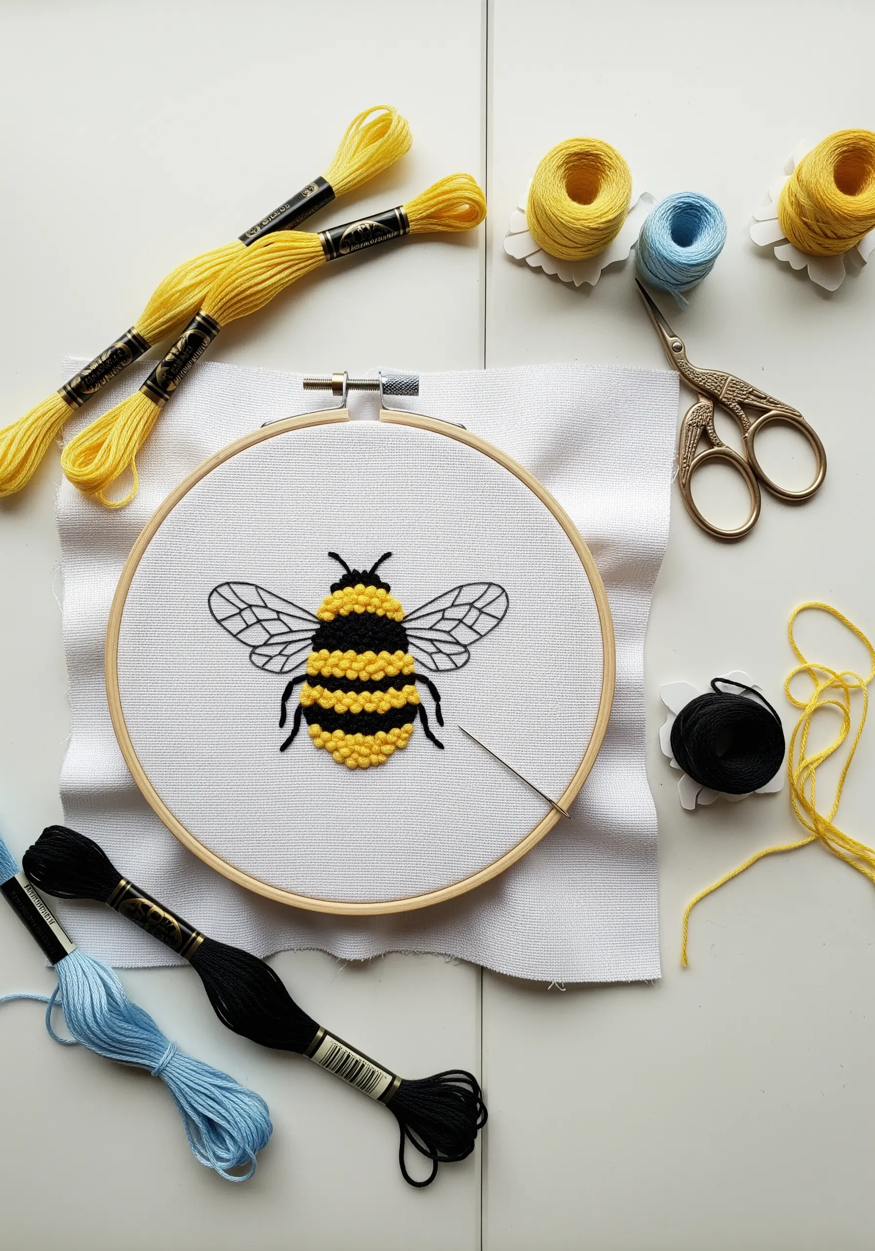 Bee embroidery with a textured body made of yellow and black French knots.