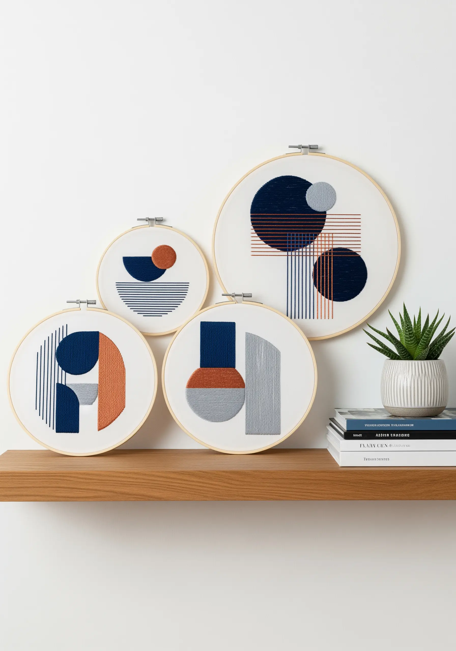 A collection of four embroidery hoops with abstract geometric designs in navy, orange, and gray.
