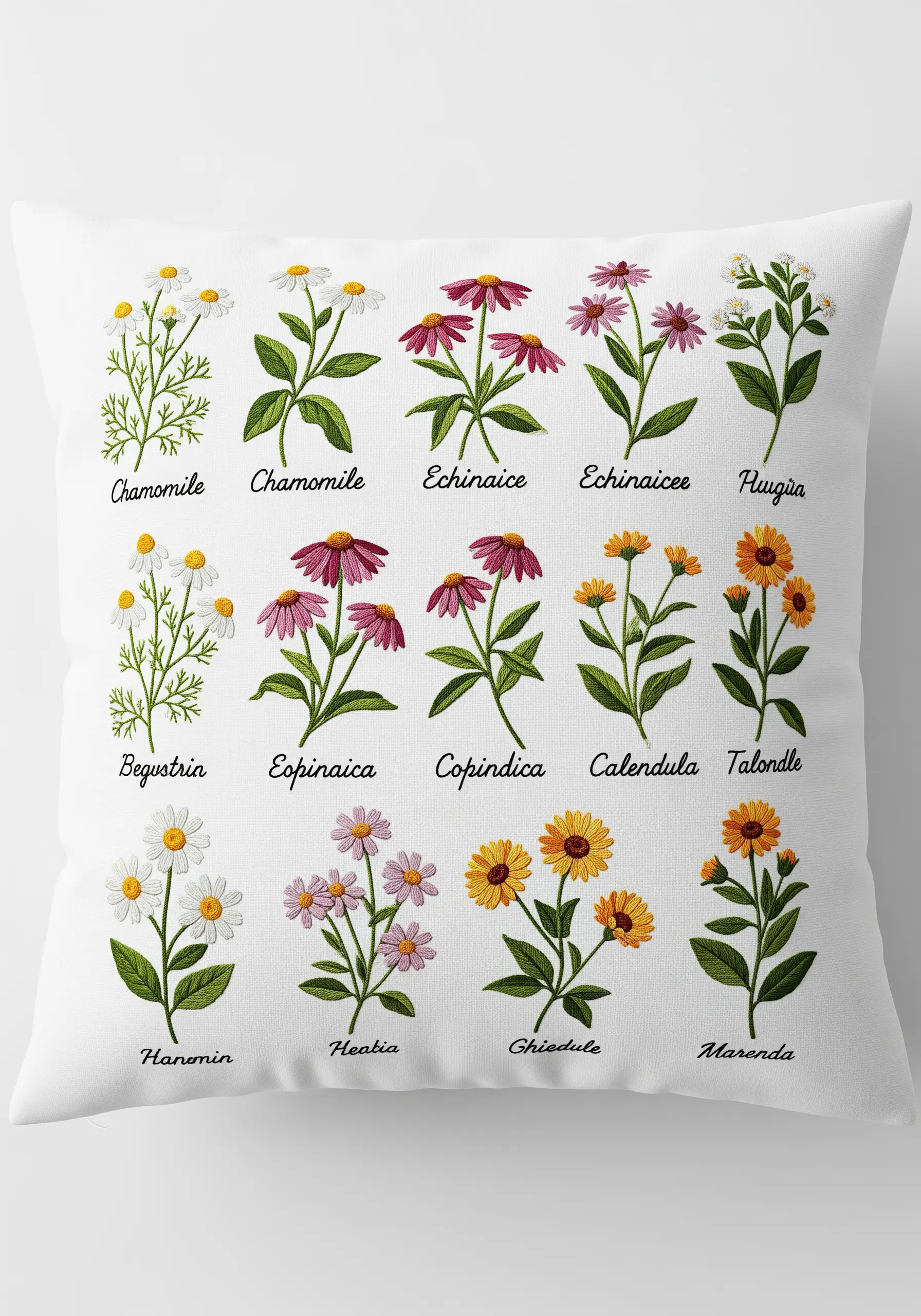 A grid of various embroidered wildflowers with their names stitched underneath.