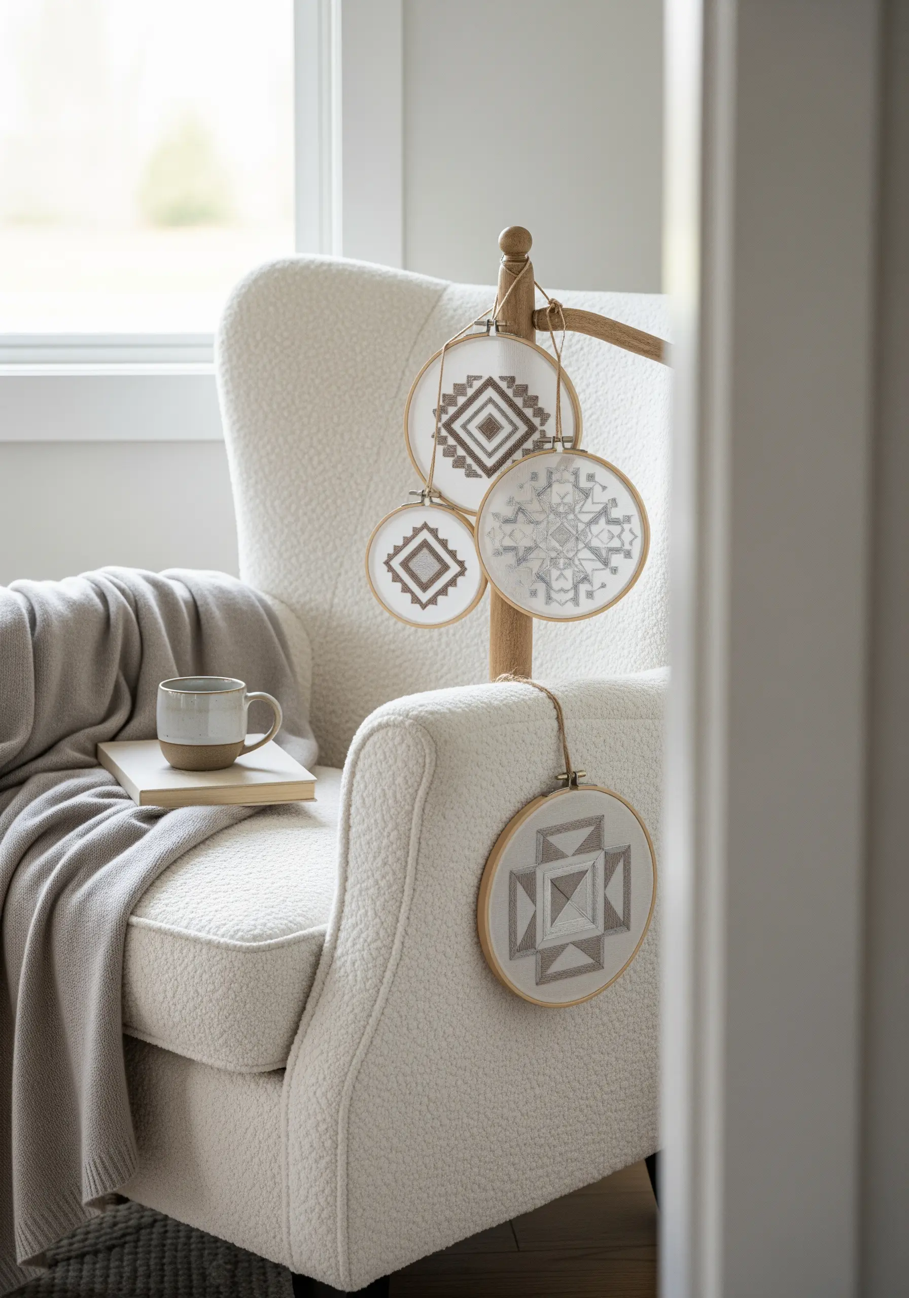 A collection of four embroidery hoops featuring neutral-toned geometric and mandala-style patterns.