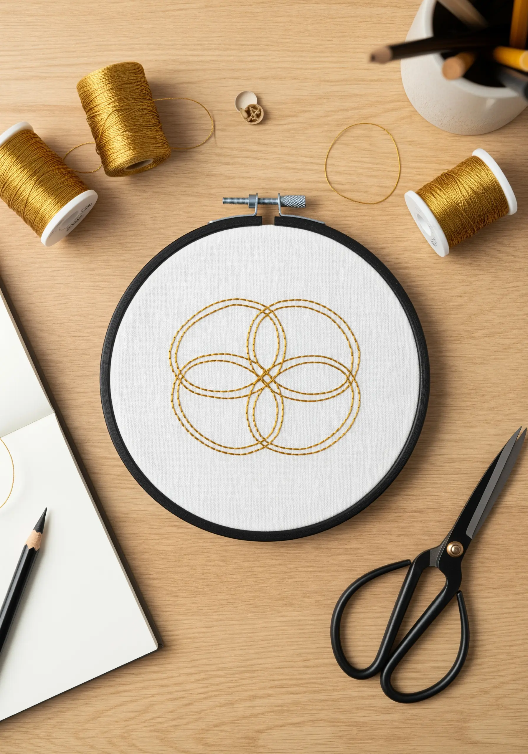Interlocking gold circles stitched with a running stitch on white fabric.