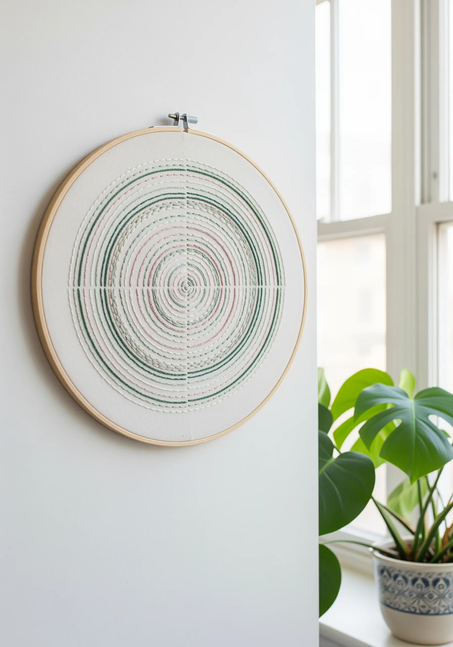 Geometric hoop art with concentric circles stitched in green, pink, and white thread.