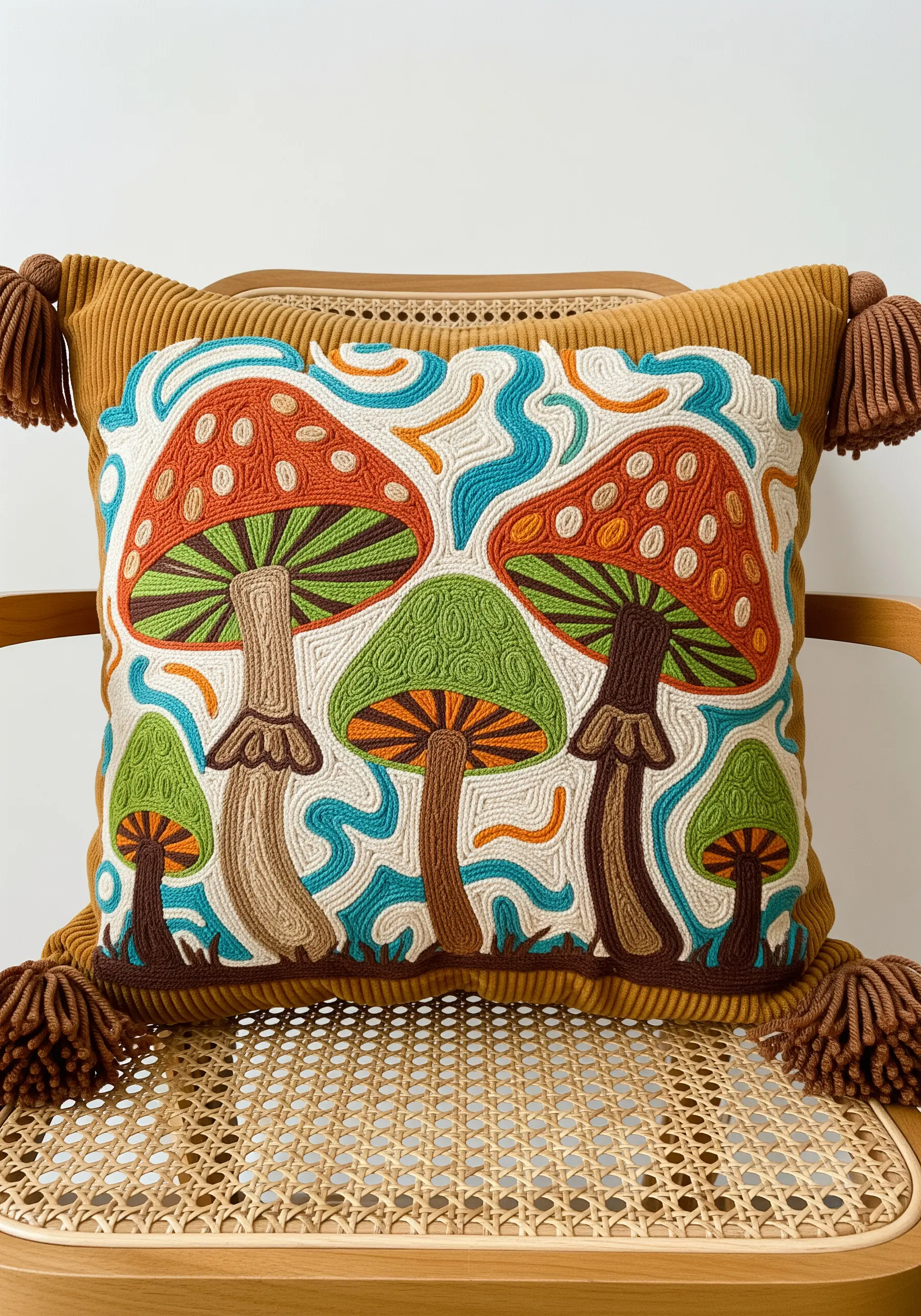 Close-up of embroidered psychedelic mushrooms with bold couched outlines on a corduroy pillow.