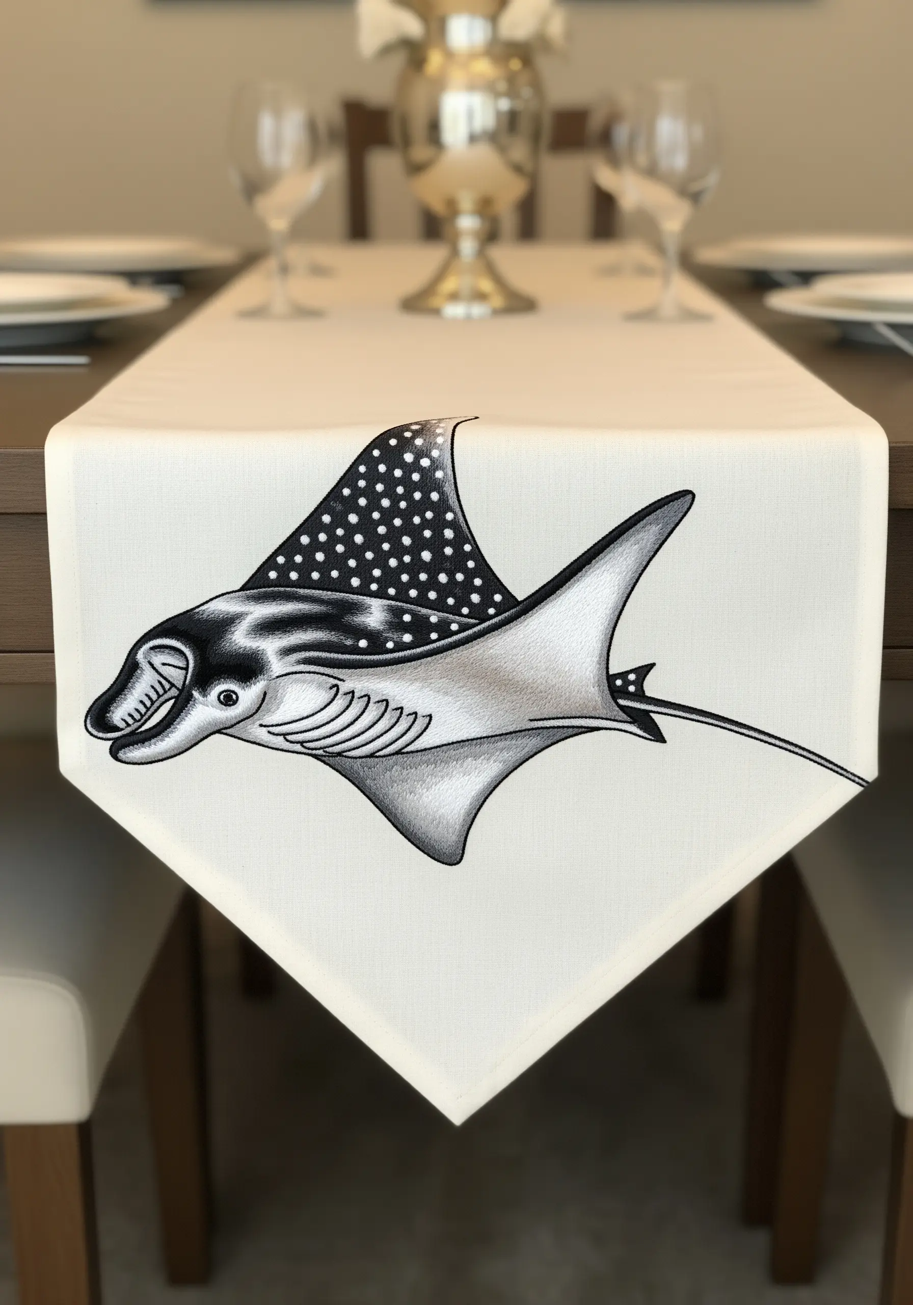 A realistic manta ray embroidered in black and white on a table runner.