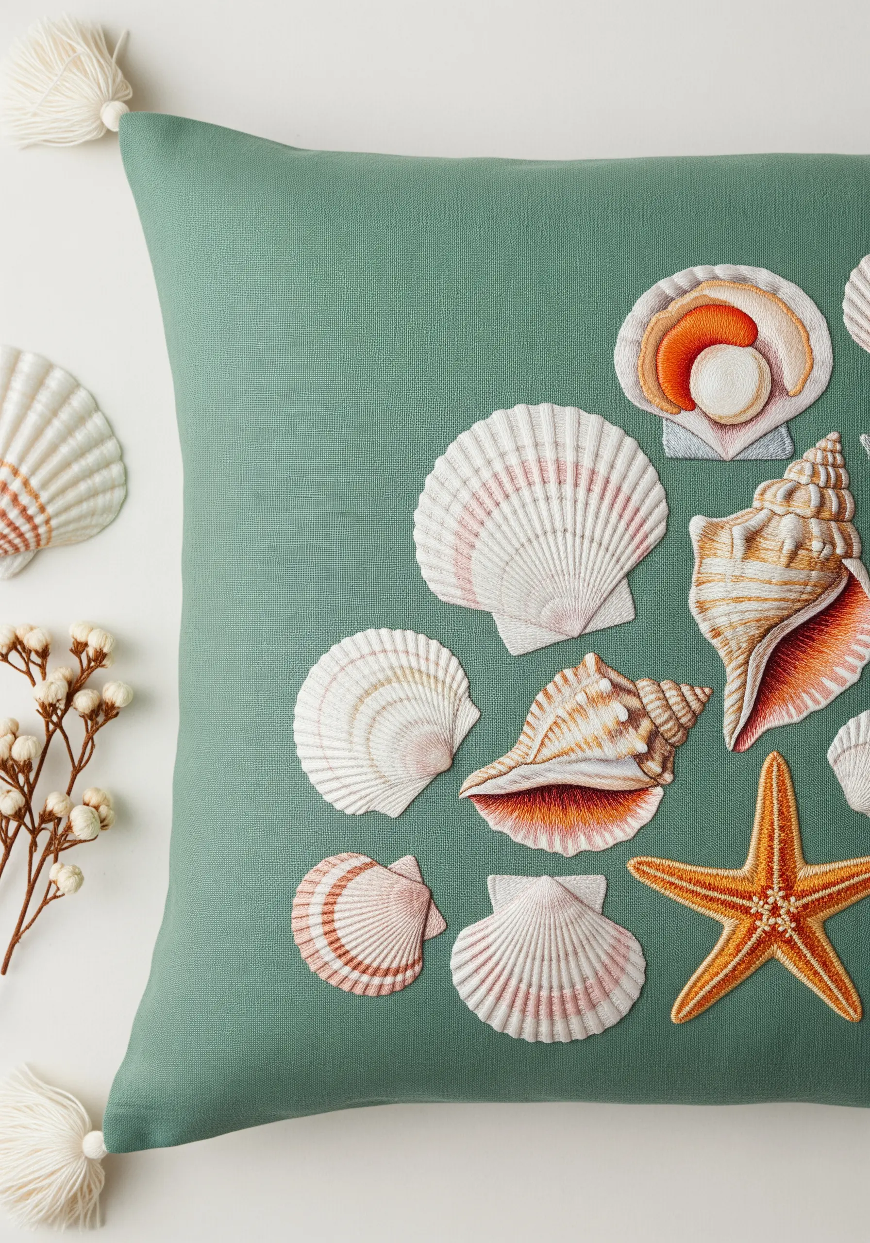 A collection of realistically embroidered seashells in soft pinks and oranges on a sage green pillow