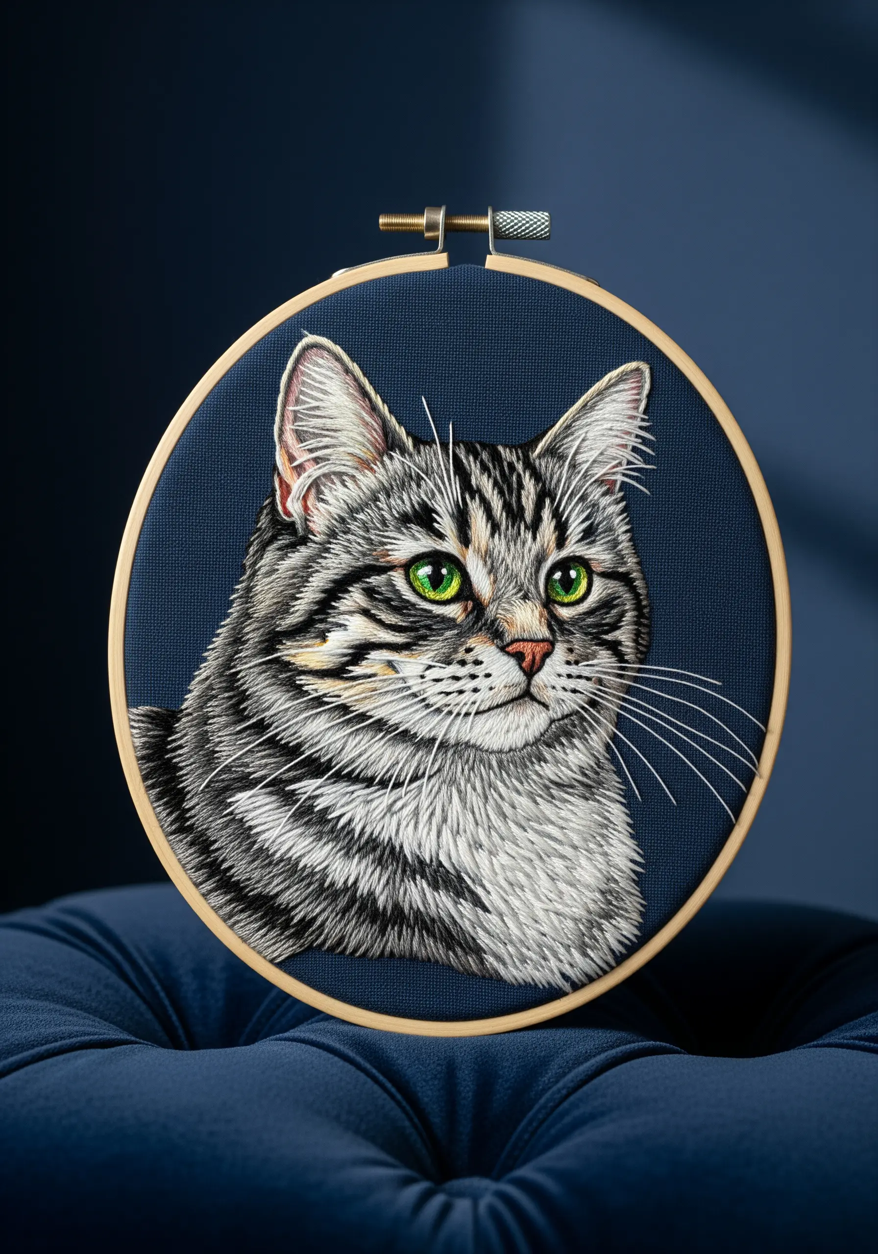 A highly detailed, realistic thread-painted portrait of a tabby cat.