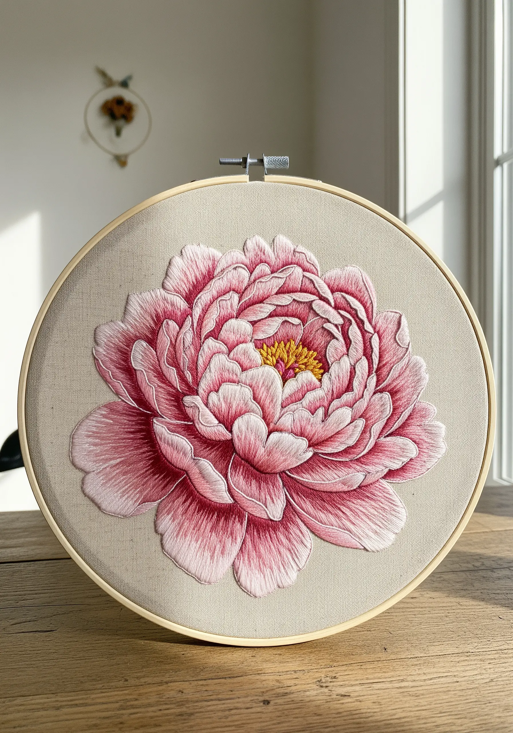 A hyper-realistic pink peony in an embroidery hoop, showcasing detailed thread painting.