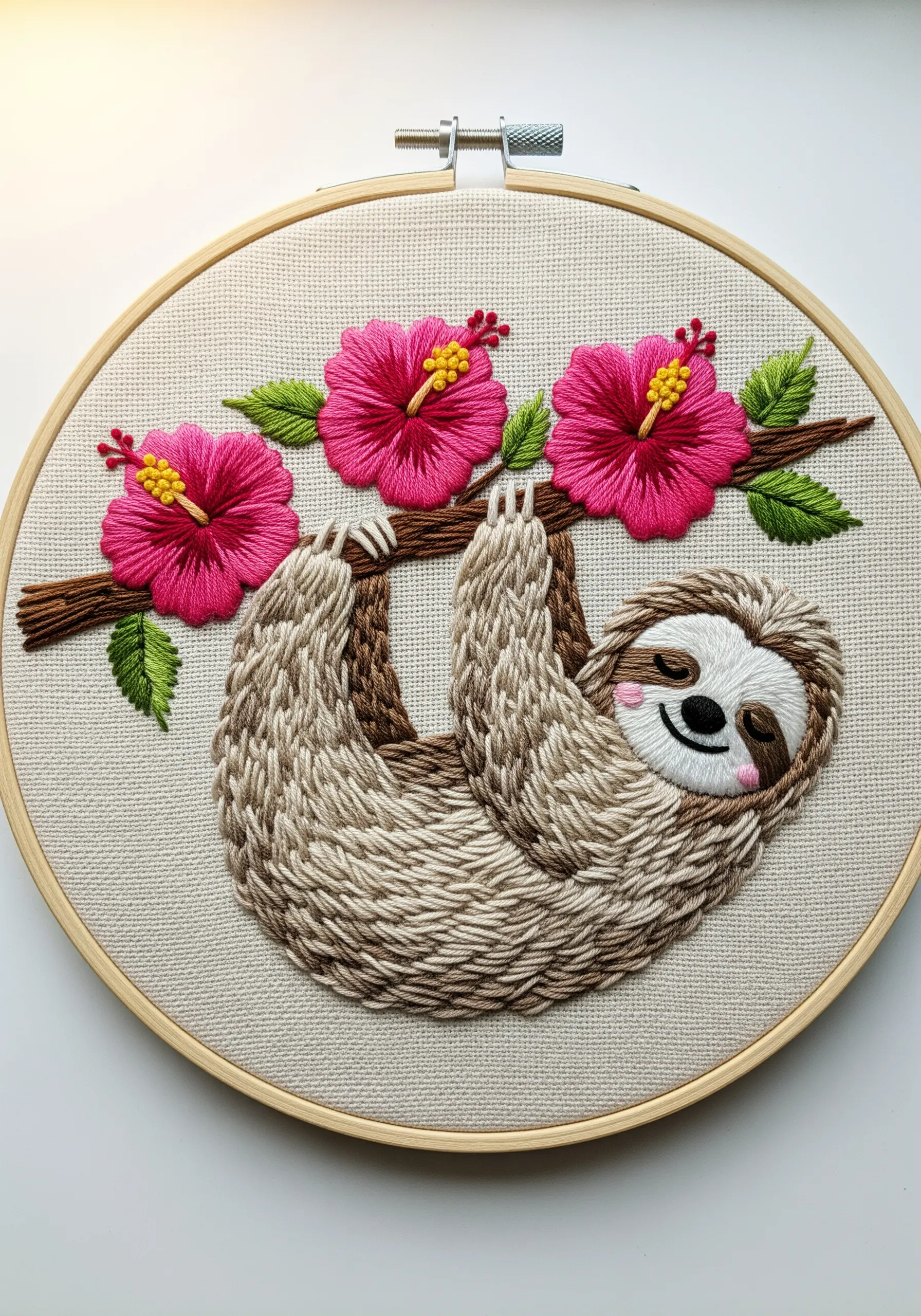 A smiling sloth with realistic fur texture created with long-and-short stitch.