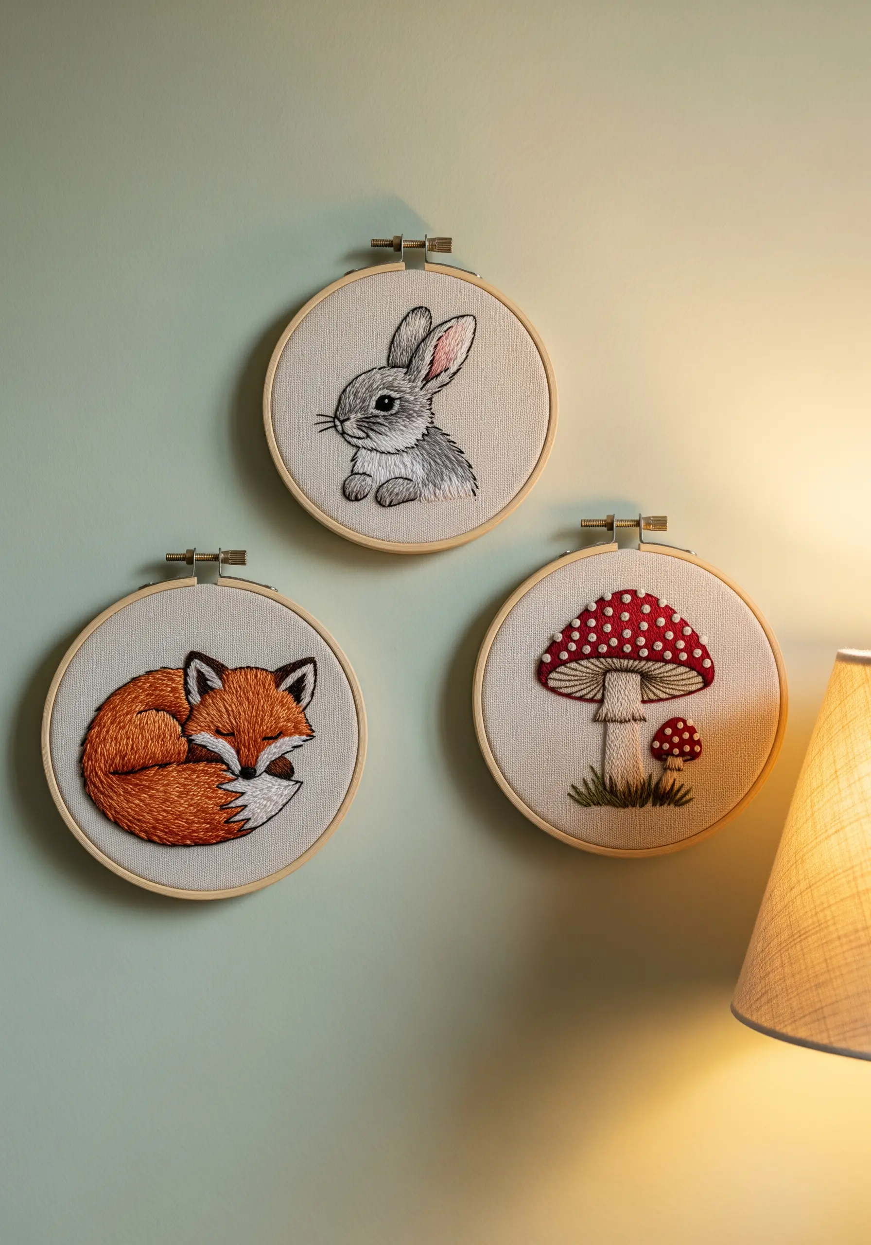 A trio of embroidery hoops showing a fox, a rabbit, and a mushroom