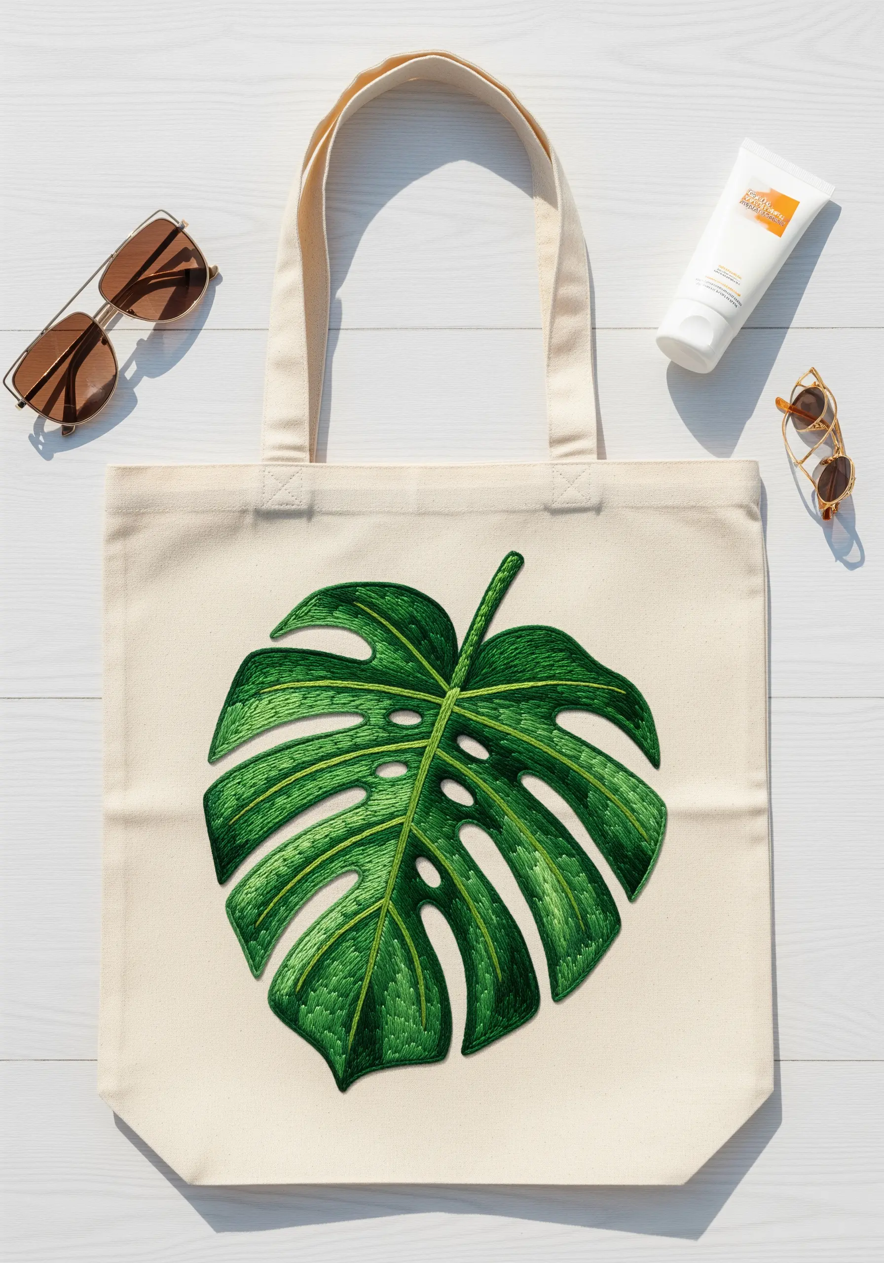 Detailed thread-painted monstera leaf with realistic shading on a canvas tote bag.
