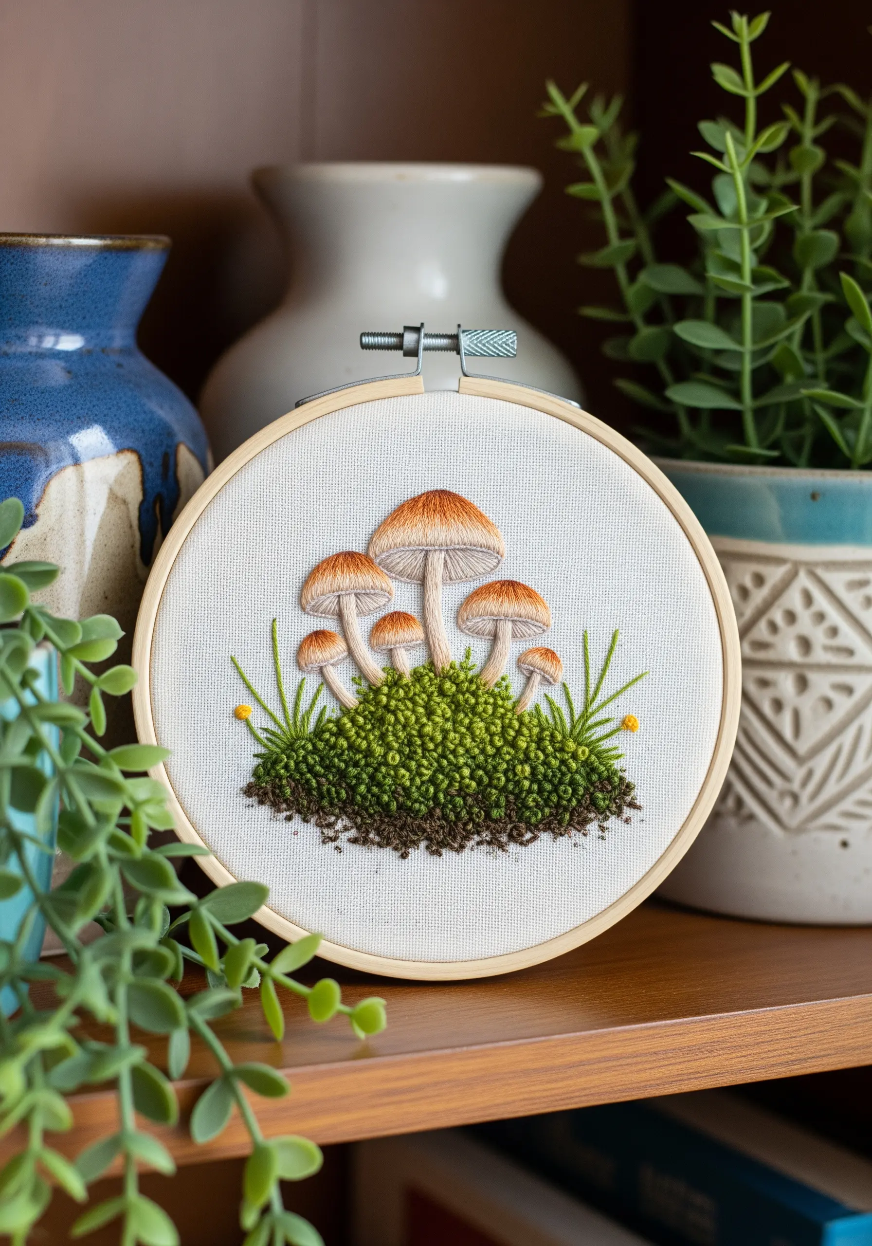 Hoop art with realistic mushrooms and moss created with dense French knots.