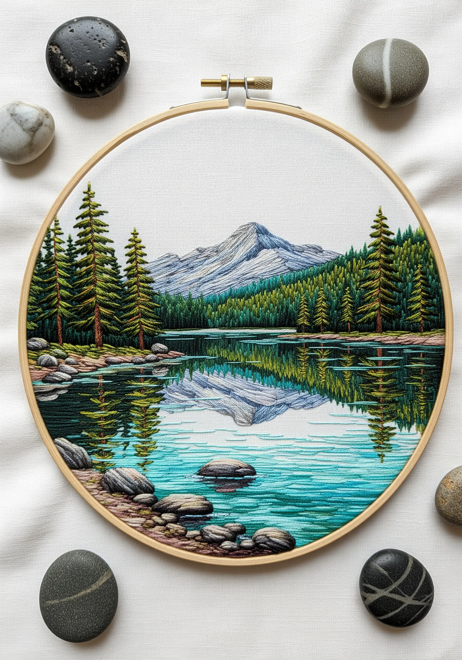 Embroidery of a mountain and forest perfectly reflected in the calm water of a lake.
