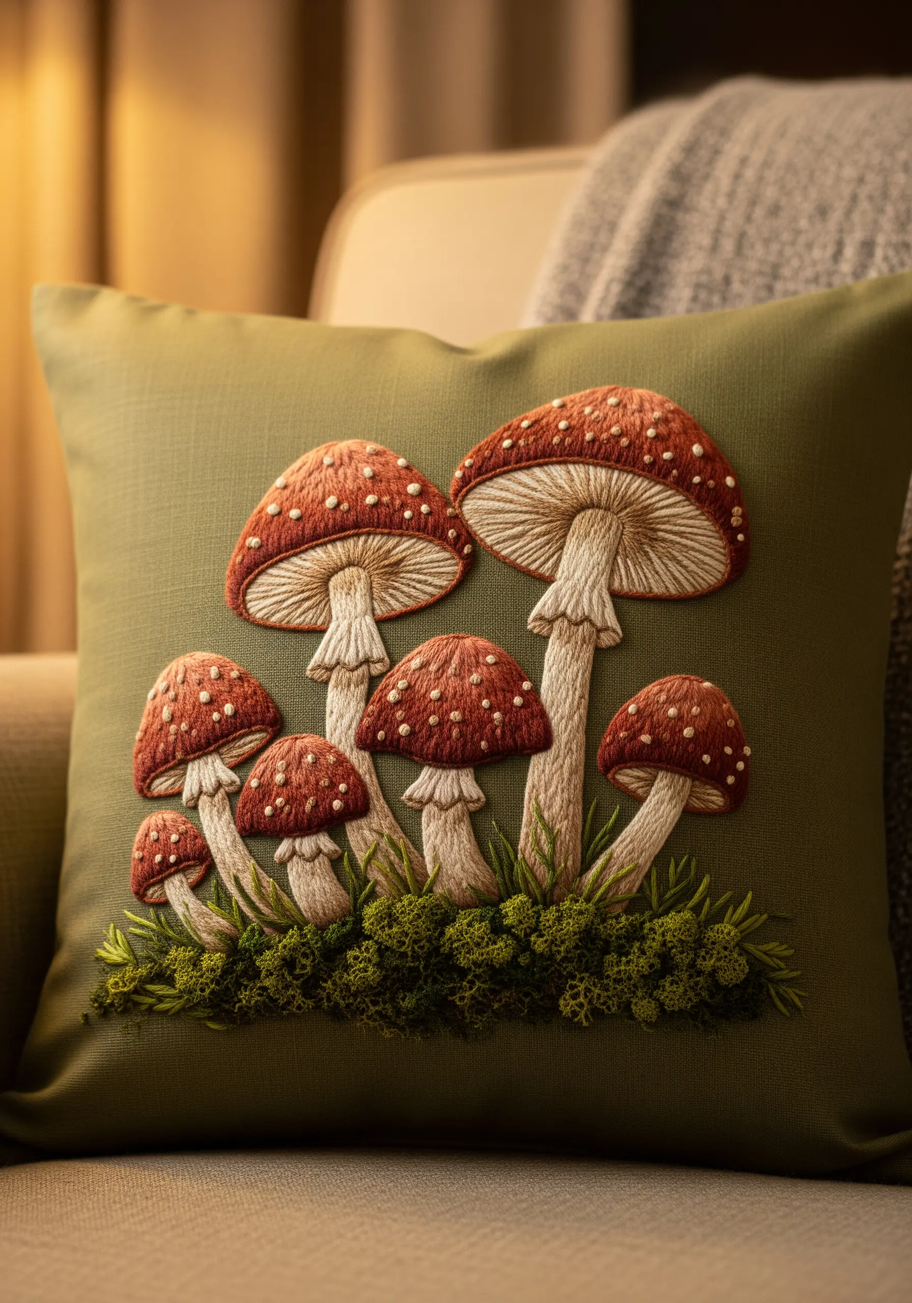 Embroidered red-capped mushrooms on a green pillow with textured moss at the base.