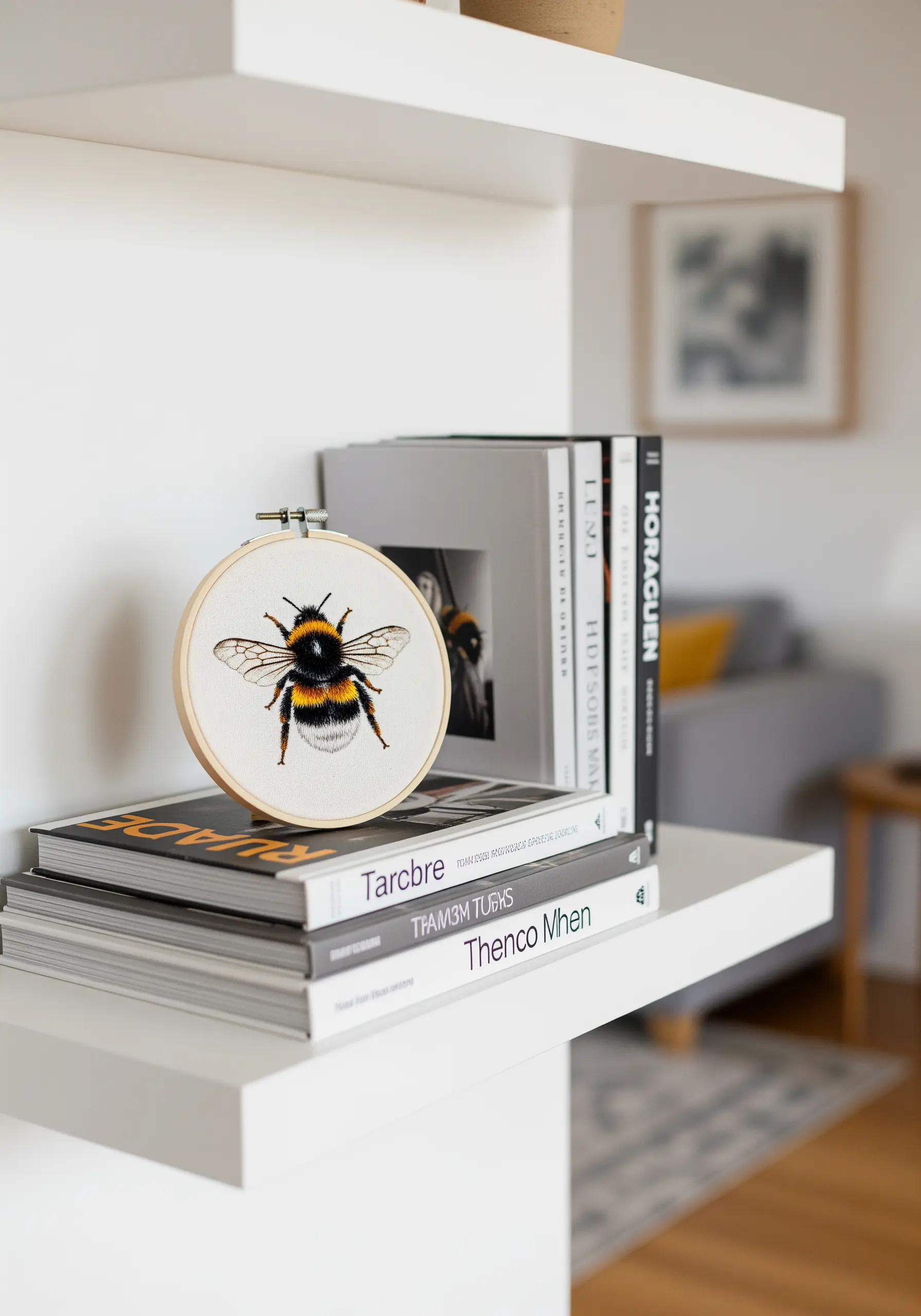 A realistically thread-painted bumblebee with fuzzy texture in a small embroidery hoop.