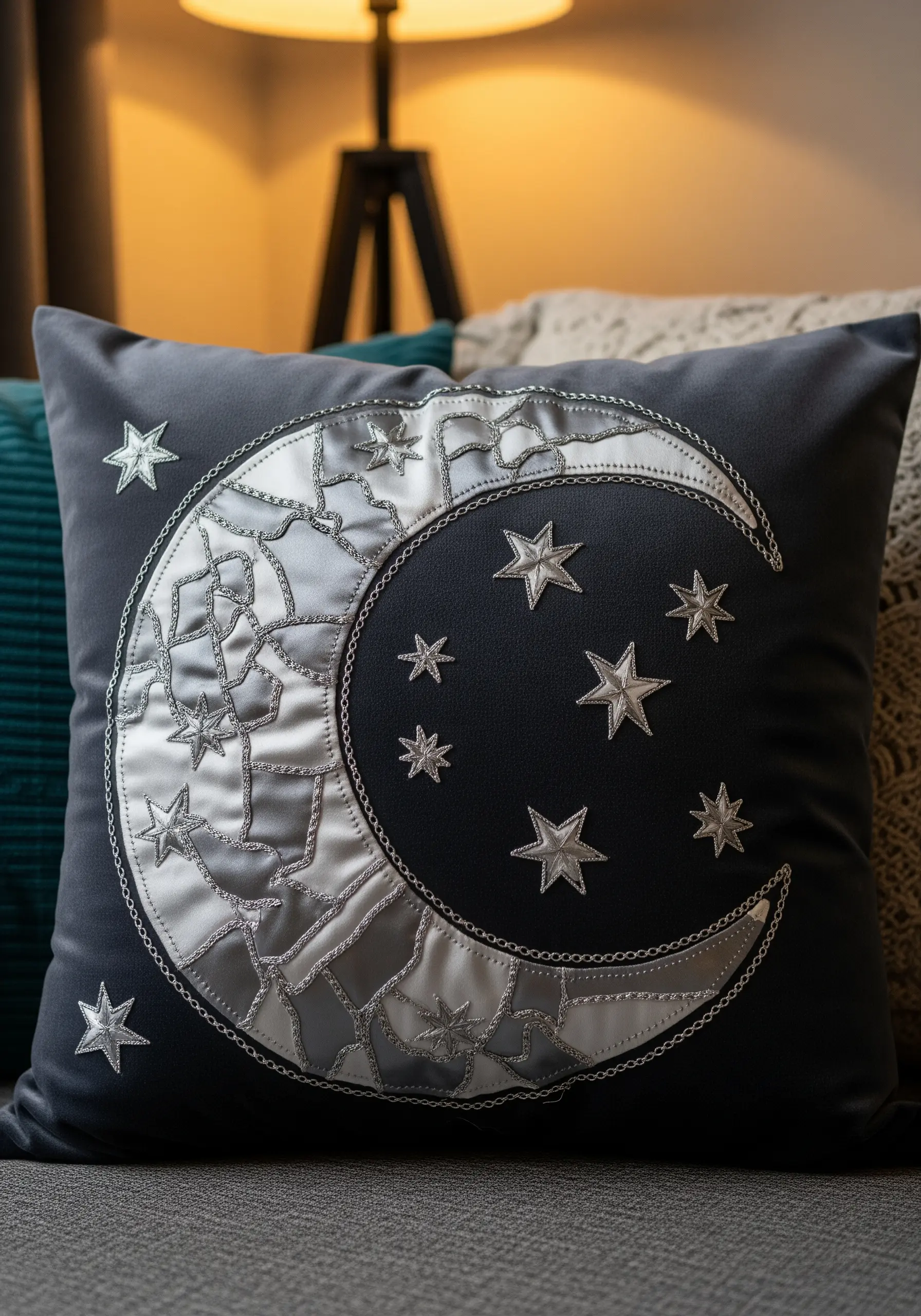 A dark gray cushion with a silver satin moon appliqué created with reverse appliqué.