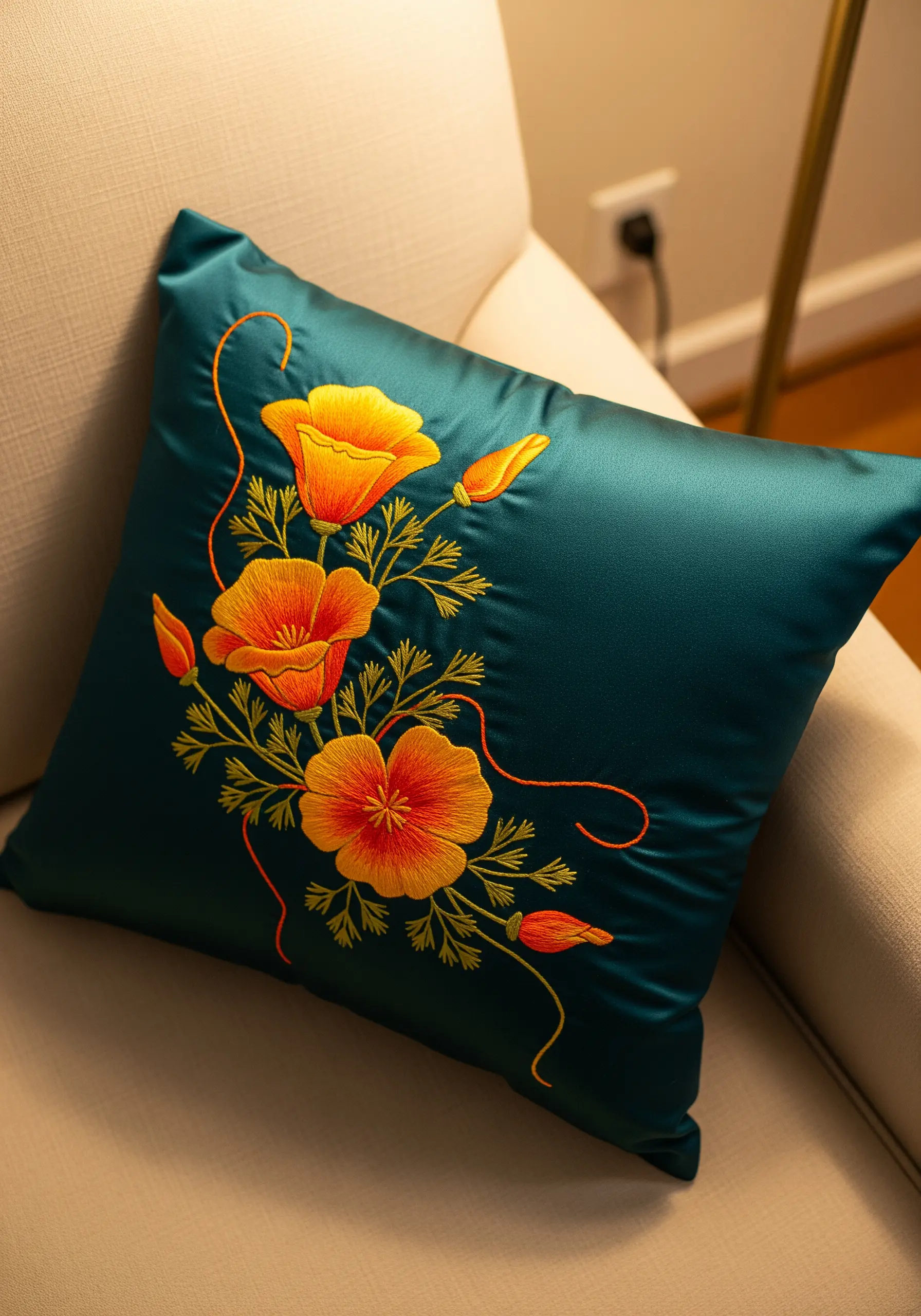 Orange California poppies embroidered on a luxe teal satin throw pillow.