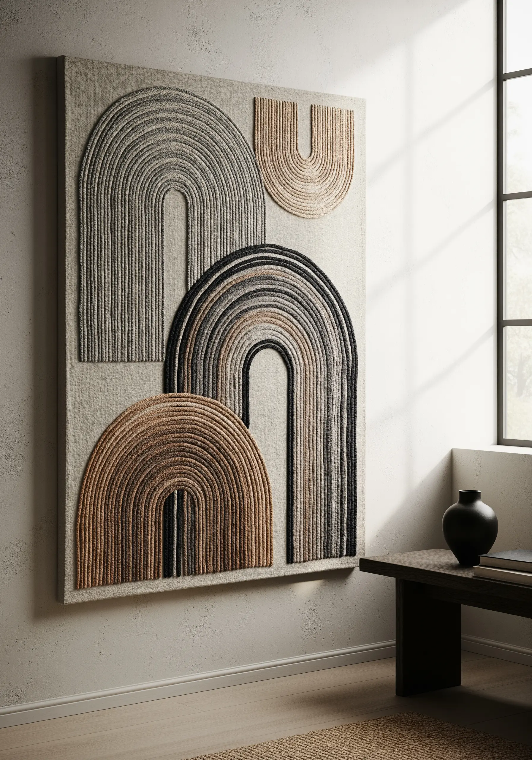 High-relief abstract wall art with couched yarn in neutral tones.