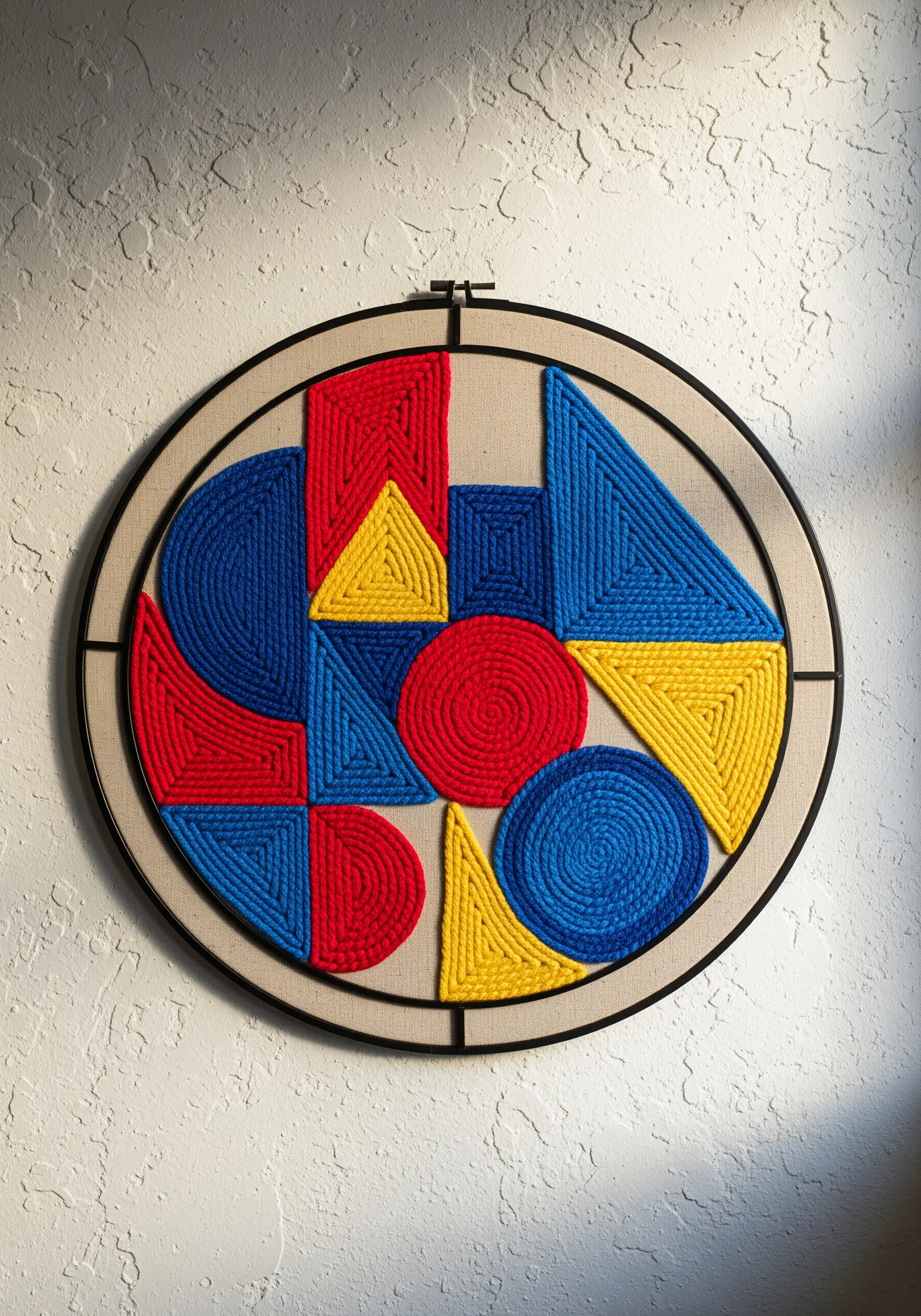 Abstract geometric shapes in red, yellow, and blue yarn couched onto a neutral fabric hoop.