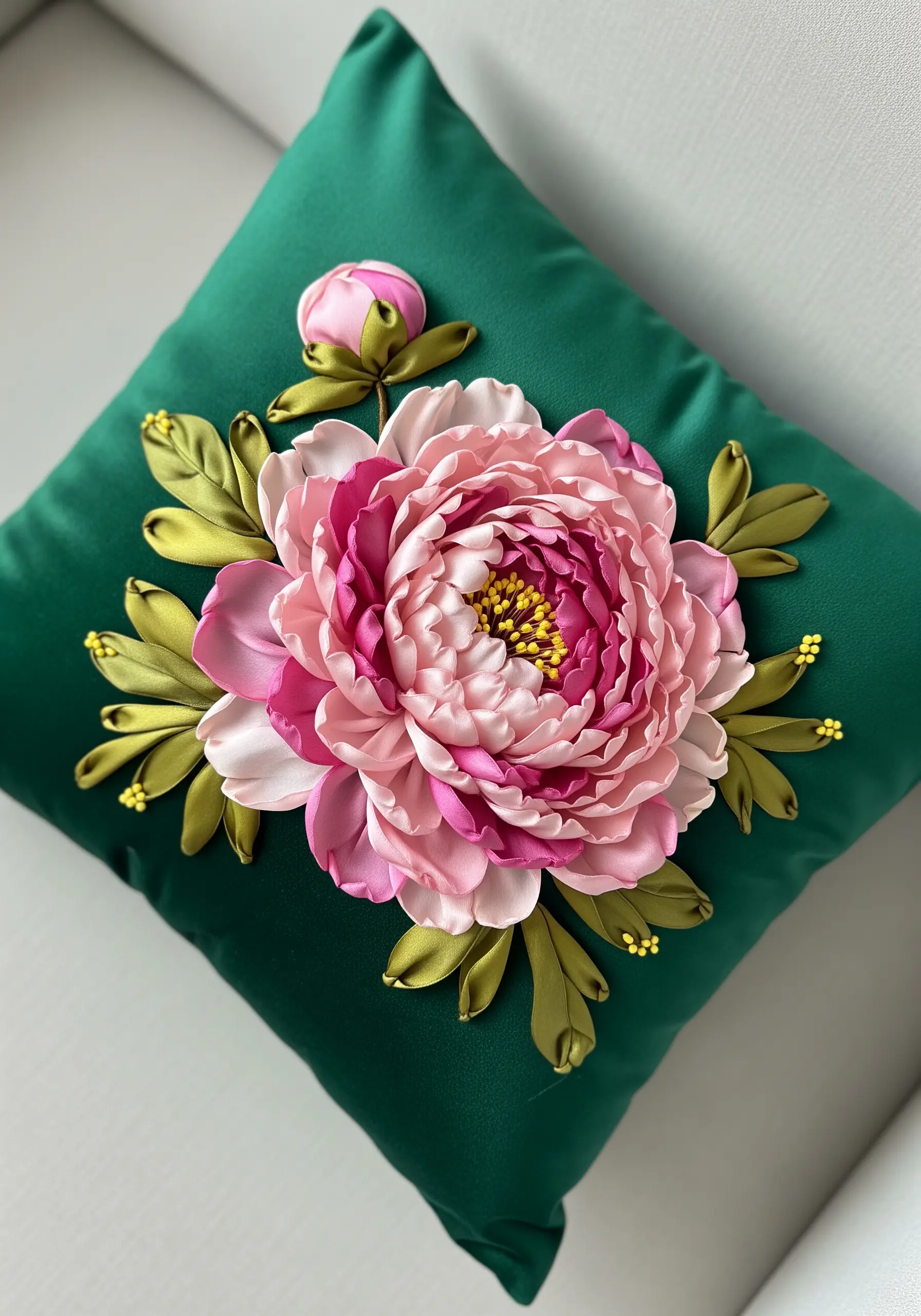 3D pink silk ribbon peony with yellow French knot stamen on a green satin cushion.