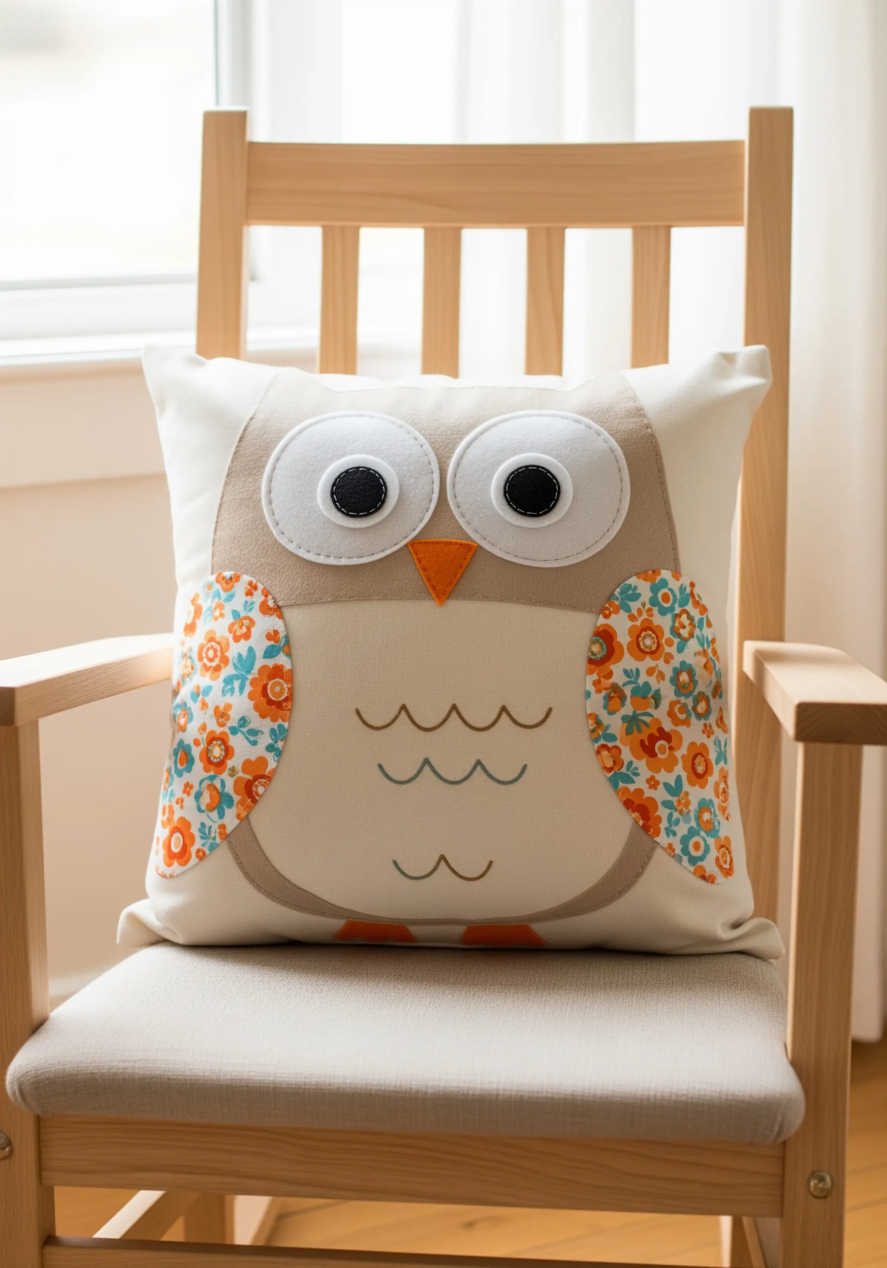 A cream-colored pillow with a cute appliqué owl sitting on a wooden chair.