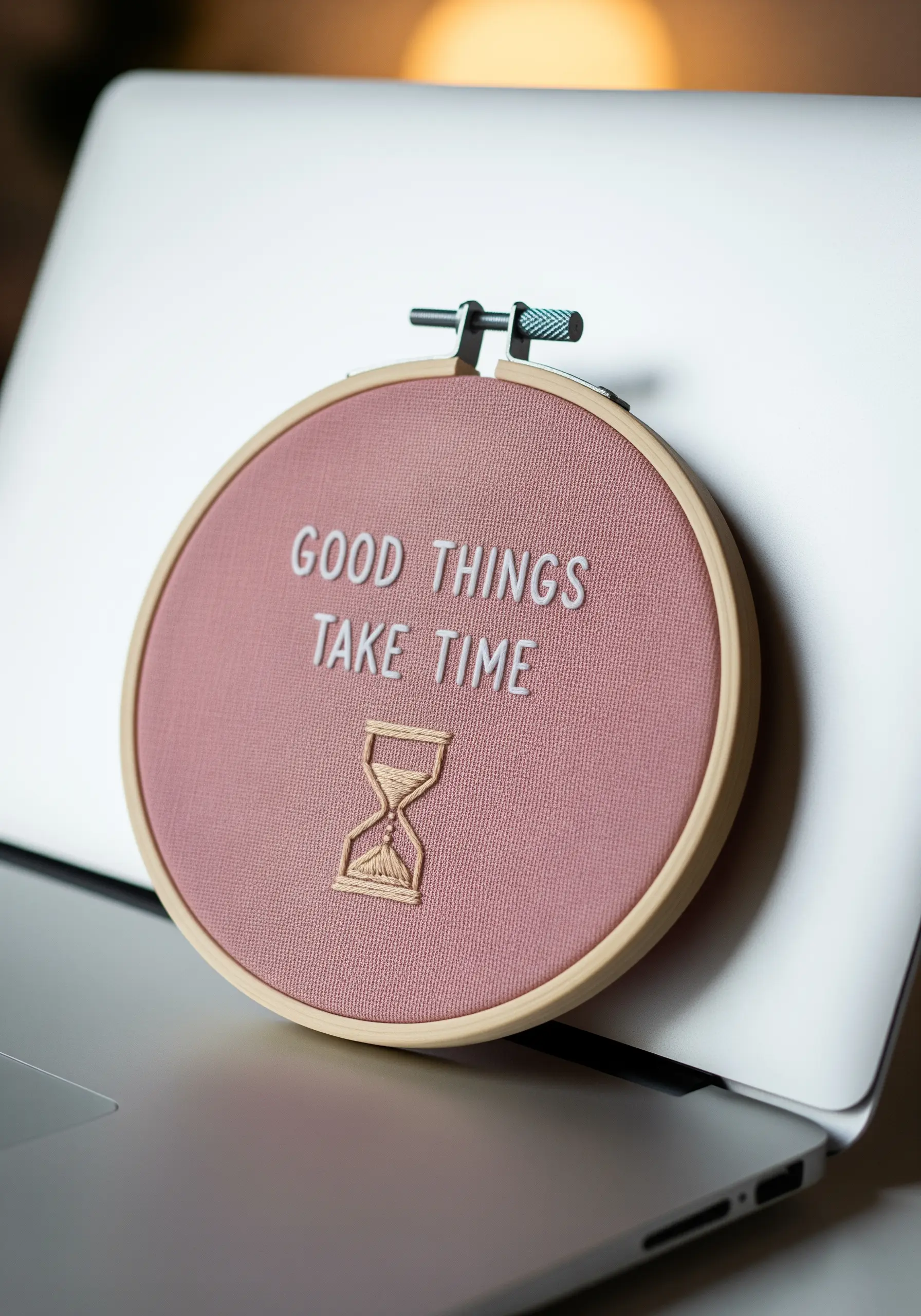 Embroidered quote with a delicate single-thread outline of an hourglass.